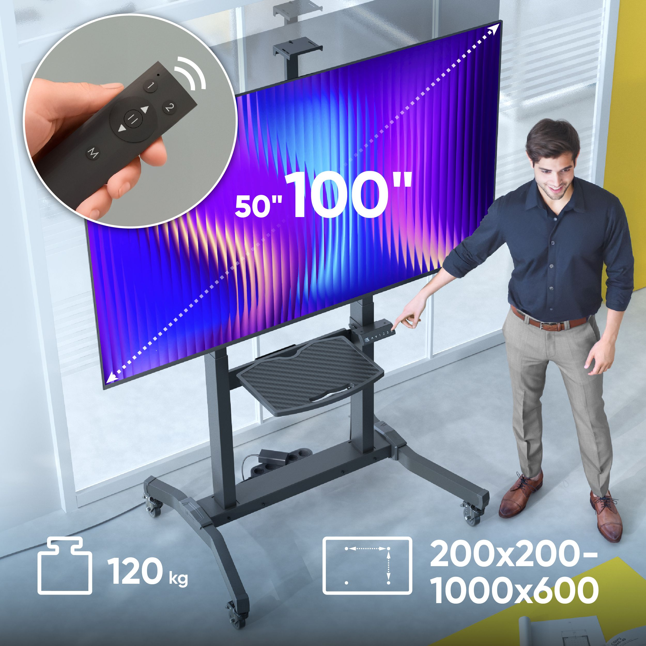 Mężczyzna wskazuje na duży ekran wyświetlający niebieski/fioletowy. Trzymany jest pilot. Ekran stoi na stojaku na kółkach. Wyświetlane są specyfikacje.