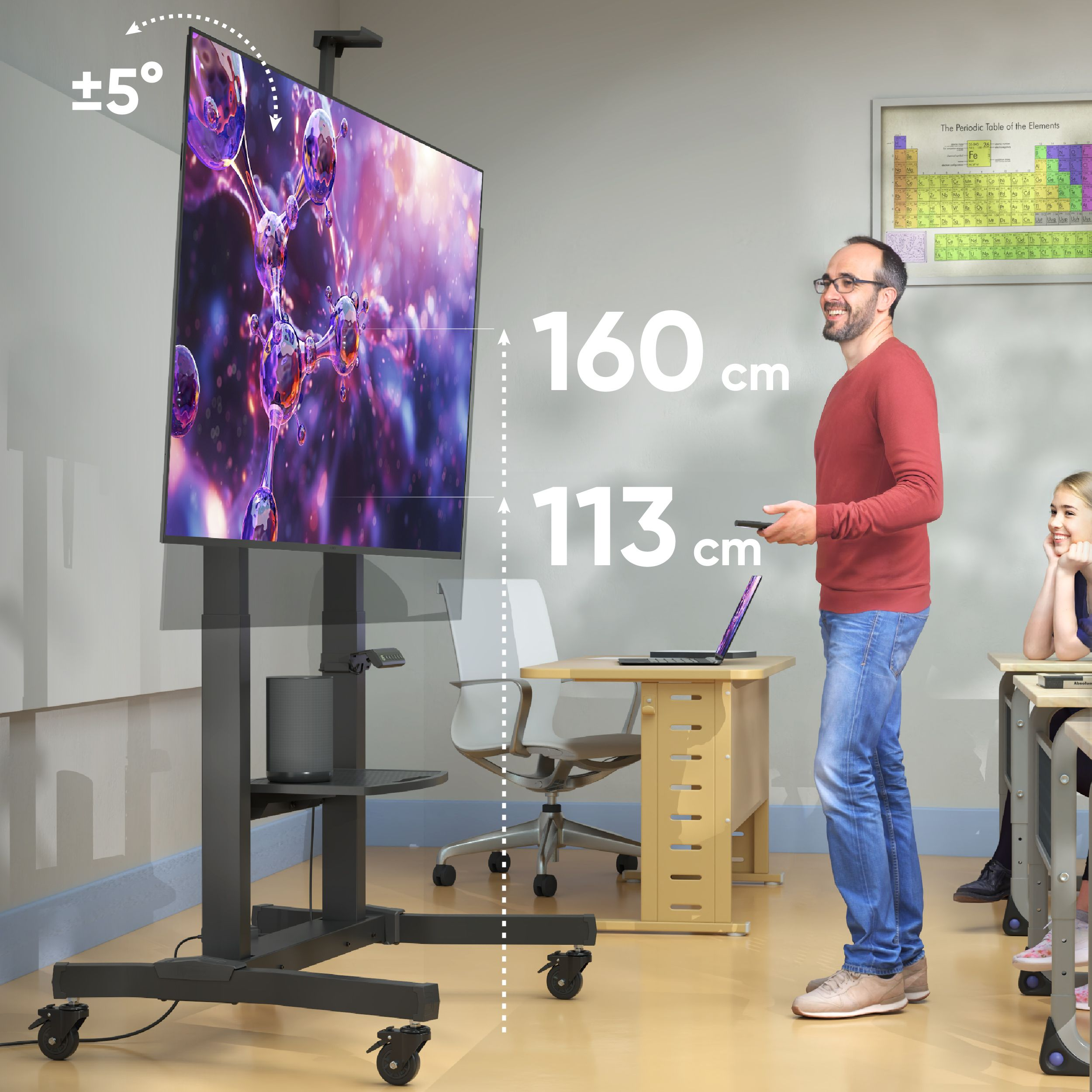 Mężczyzna w czerwonej koszuli stoi obok ekranu. Tablica Mendelejewa wisi na ścianie. W tle siedzą studenci.