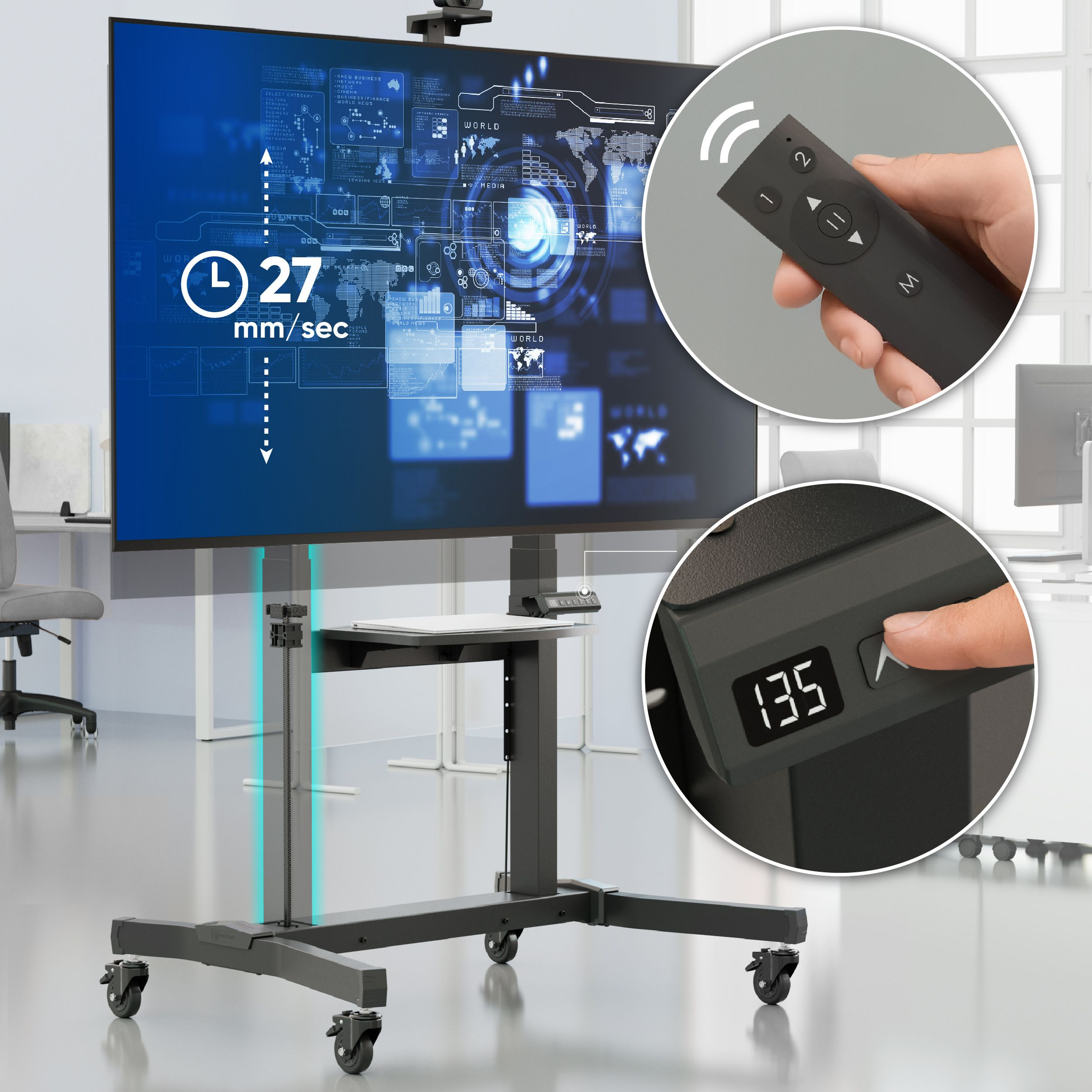 Czarny mobilny stojak TV z ekranem wyświetlającym dane. Widoczny pilot i szczegóły regulacji wysokości.