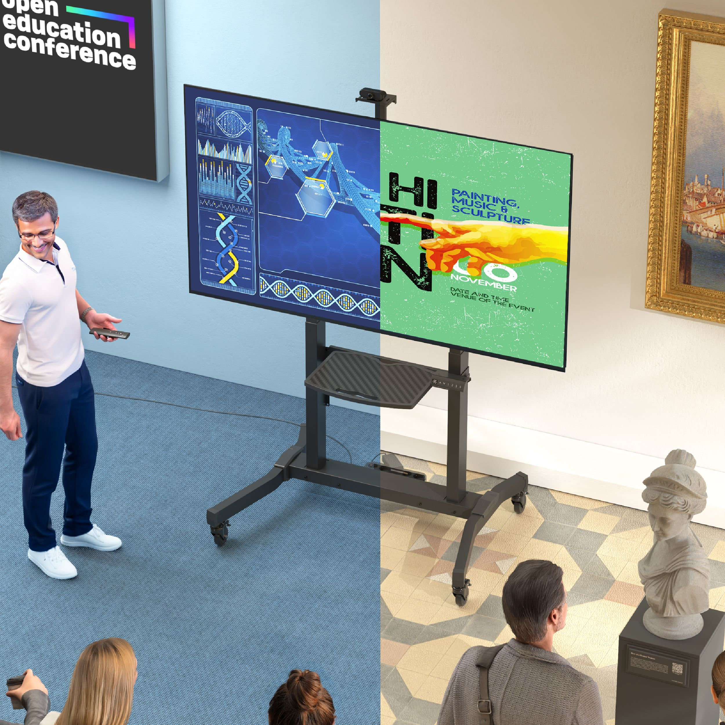 Mężczyzna prezentuje obok ekranu z danymi i plakatem. Ludzie na pierwszym planie i rzeźba w tle.