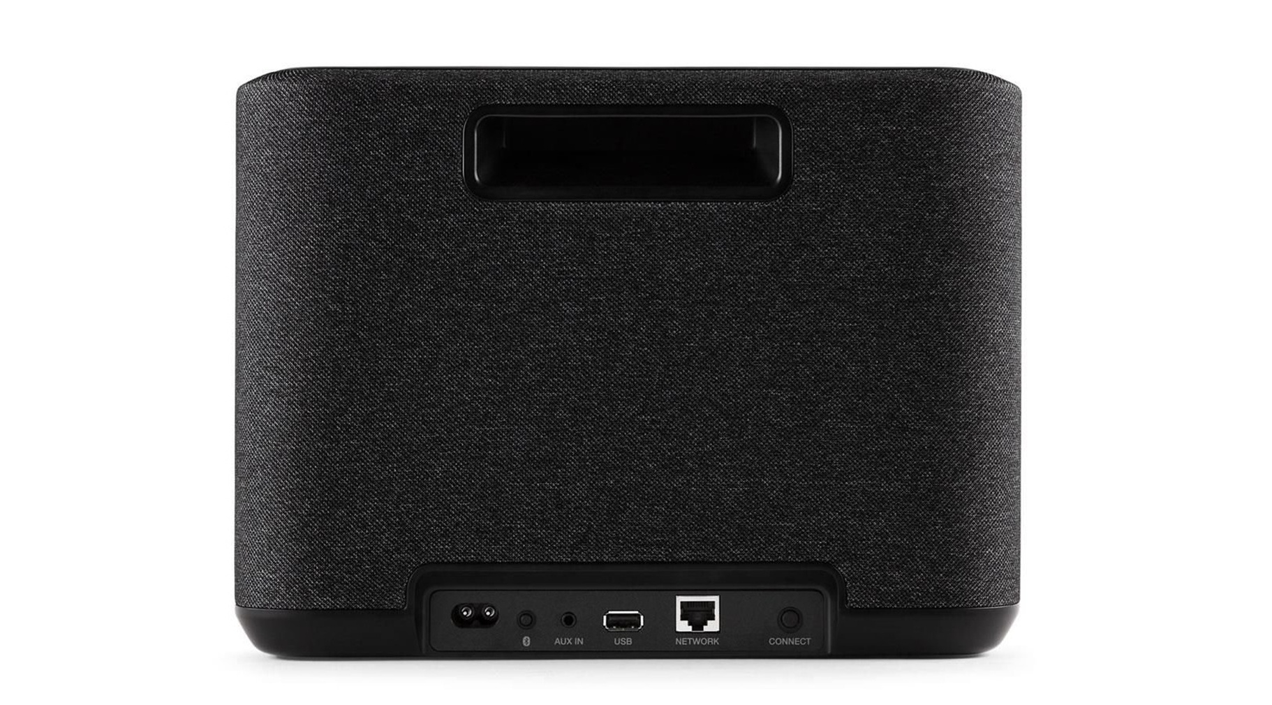 Ciemnoszary głośnik z uchwytem na górze. Na dole porty: AUX, USB, Network i Connect.