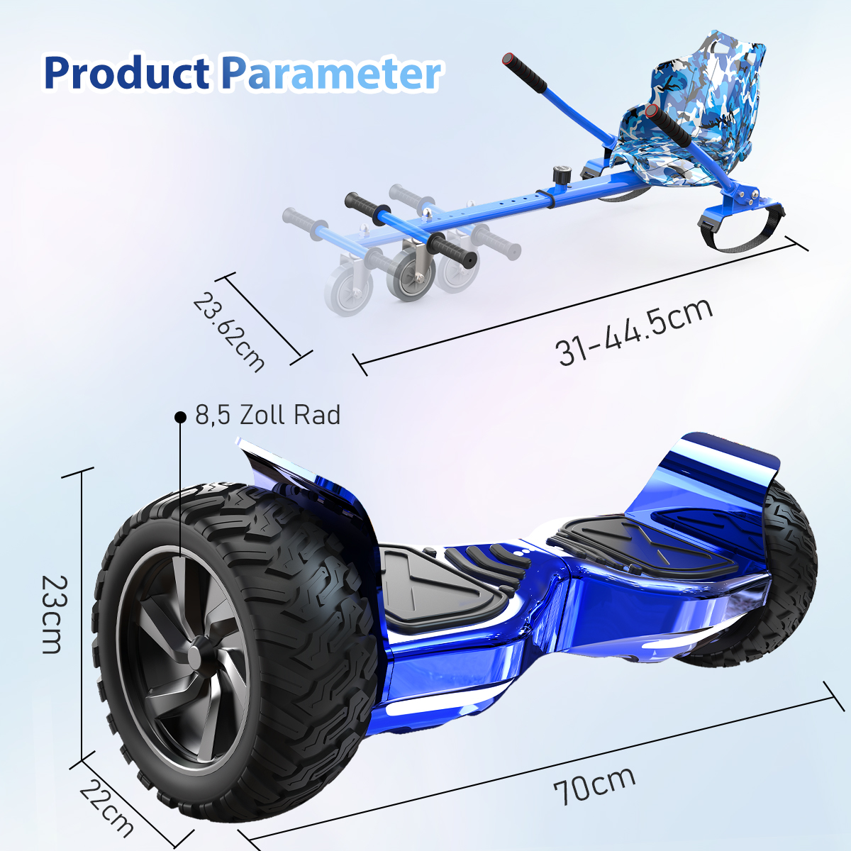 Een blauwe hoverboard en een kartingbevestiging worden getoond. Afmetingen zijn aangegeven, waaronder 70 cm, 23 cm en 22 cm. De kartstoel heeft een blauw camouflagepatroon.