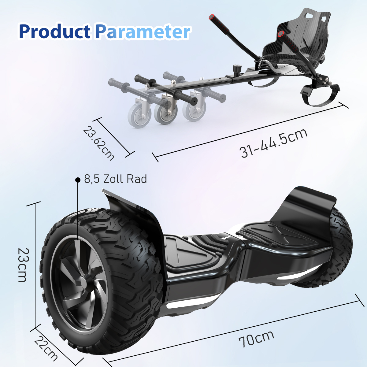 La imagen muestra un hoverboard negro con dimensiones y un accesorio de go-kart. Proporciona detalles del parámetro del producto.