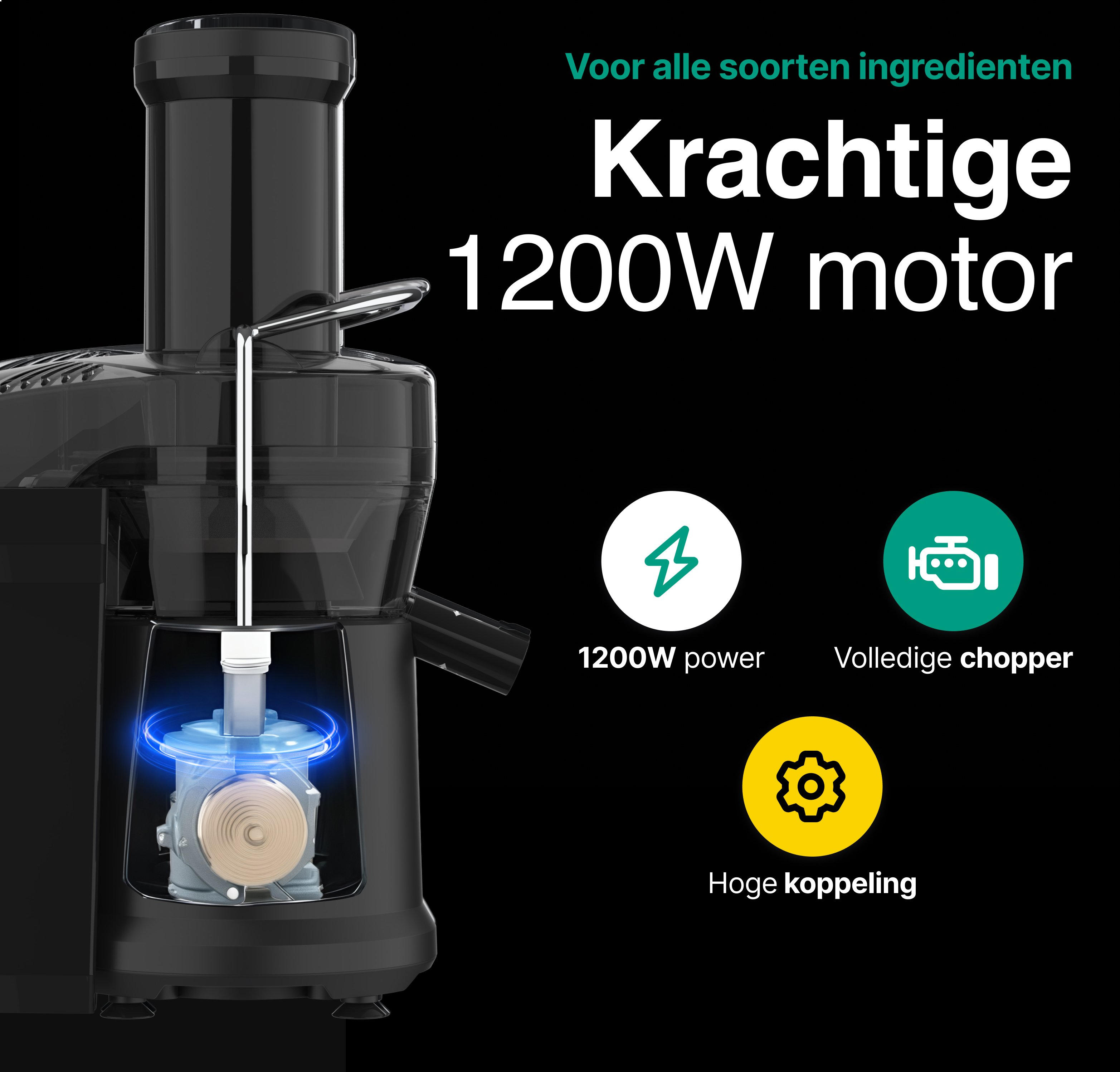 A black juicer is displayed, with text: Krachtige 1200W motor. Icons show 1200W power, chopper, and high coupling.