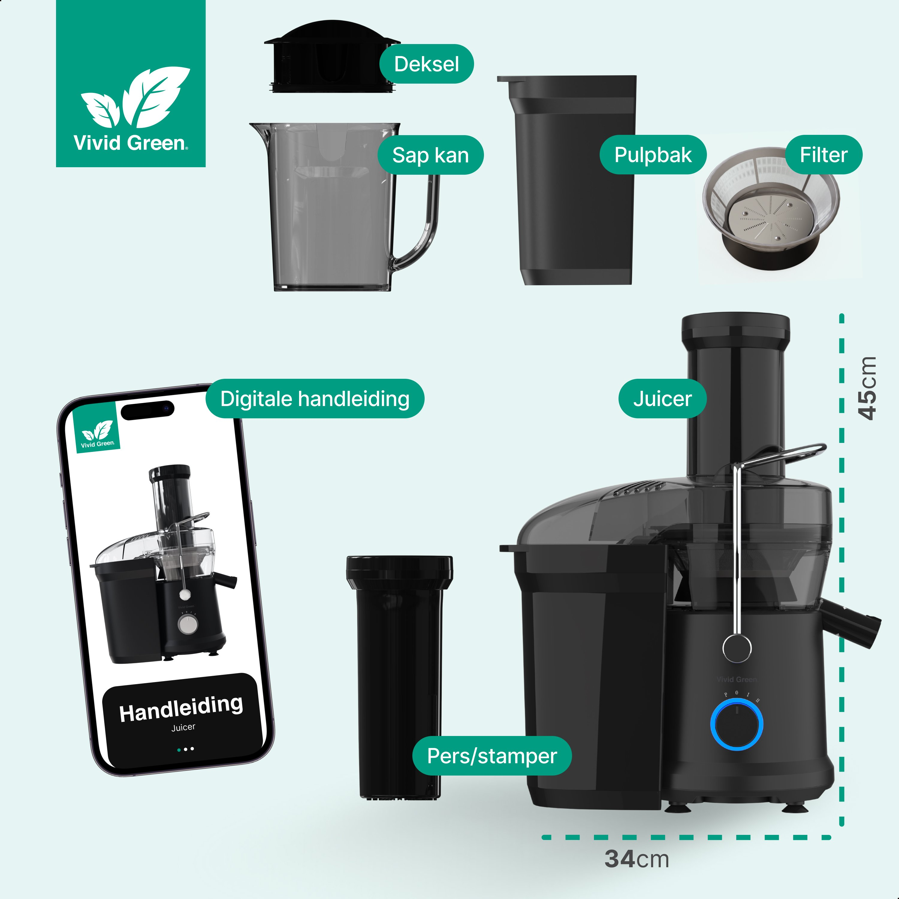 Image shows a black juicer with labeled parts. A phone displays a juicer graphic. Dimensions are indicated.
