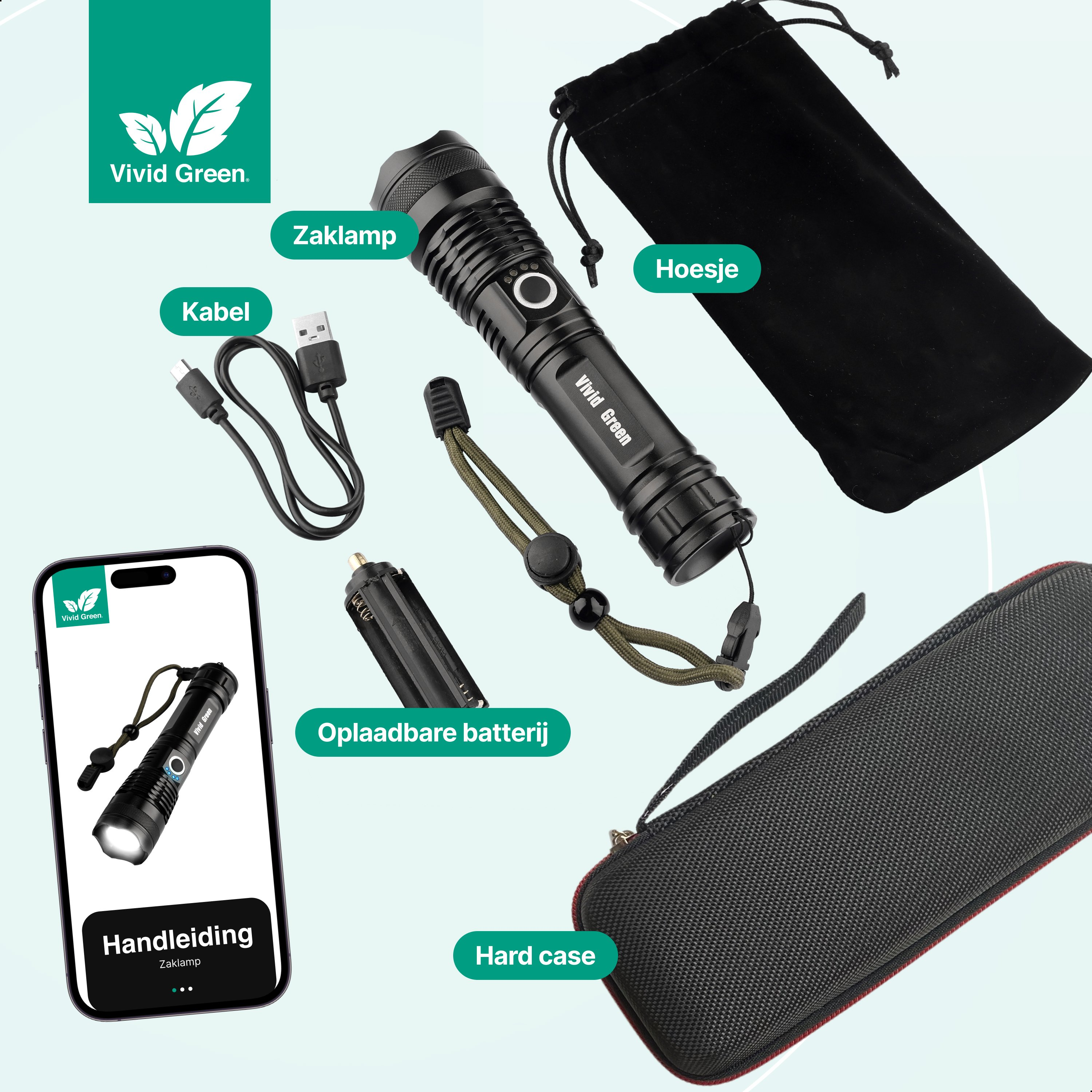 A black flashlight with accessories, including a charging cable, battery, hard case, and pouch, with a phone displaying it.
