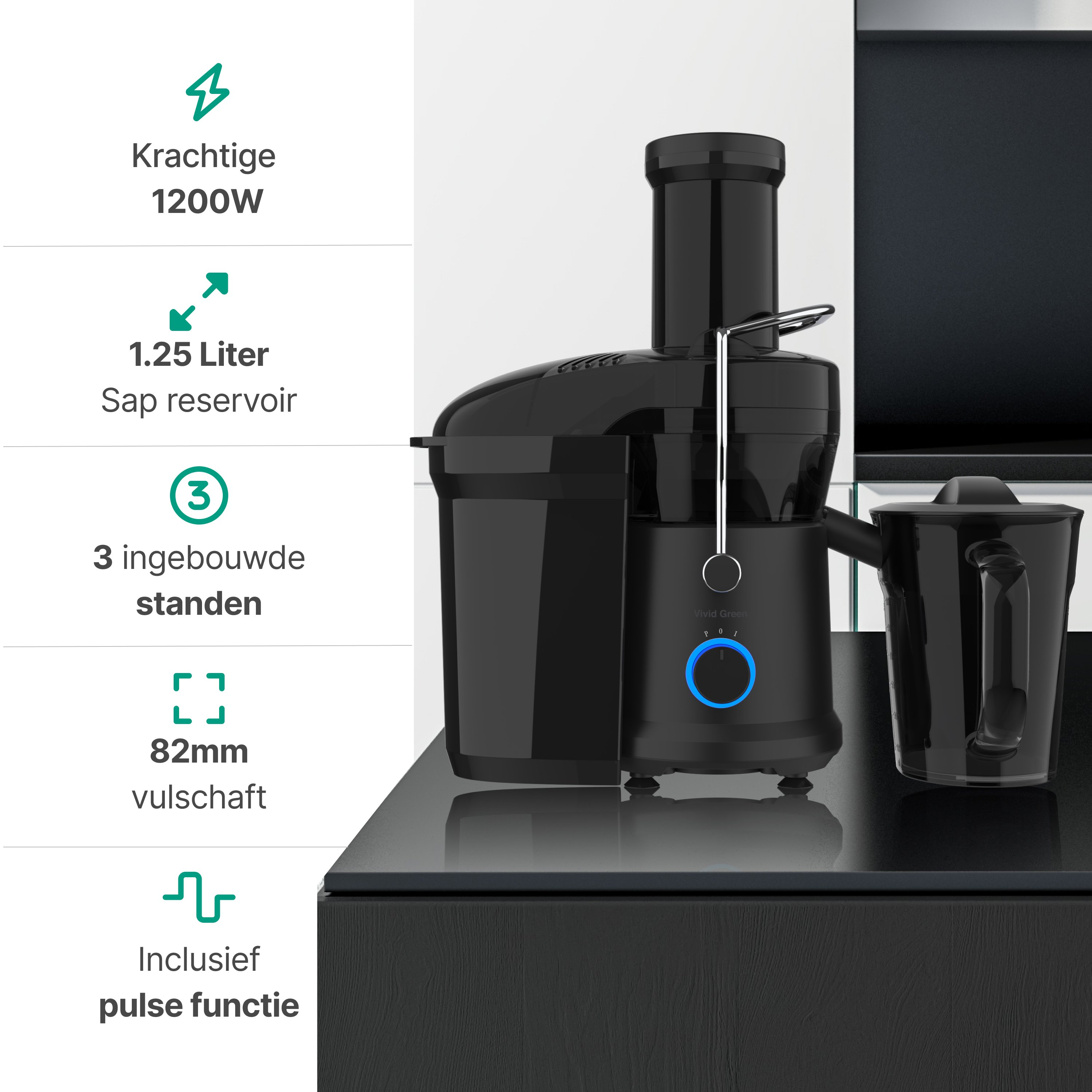 A black juicer with a jug sits on a dark counter. Details show 1200W, 1.25L capacity, and 82mm chute.