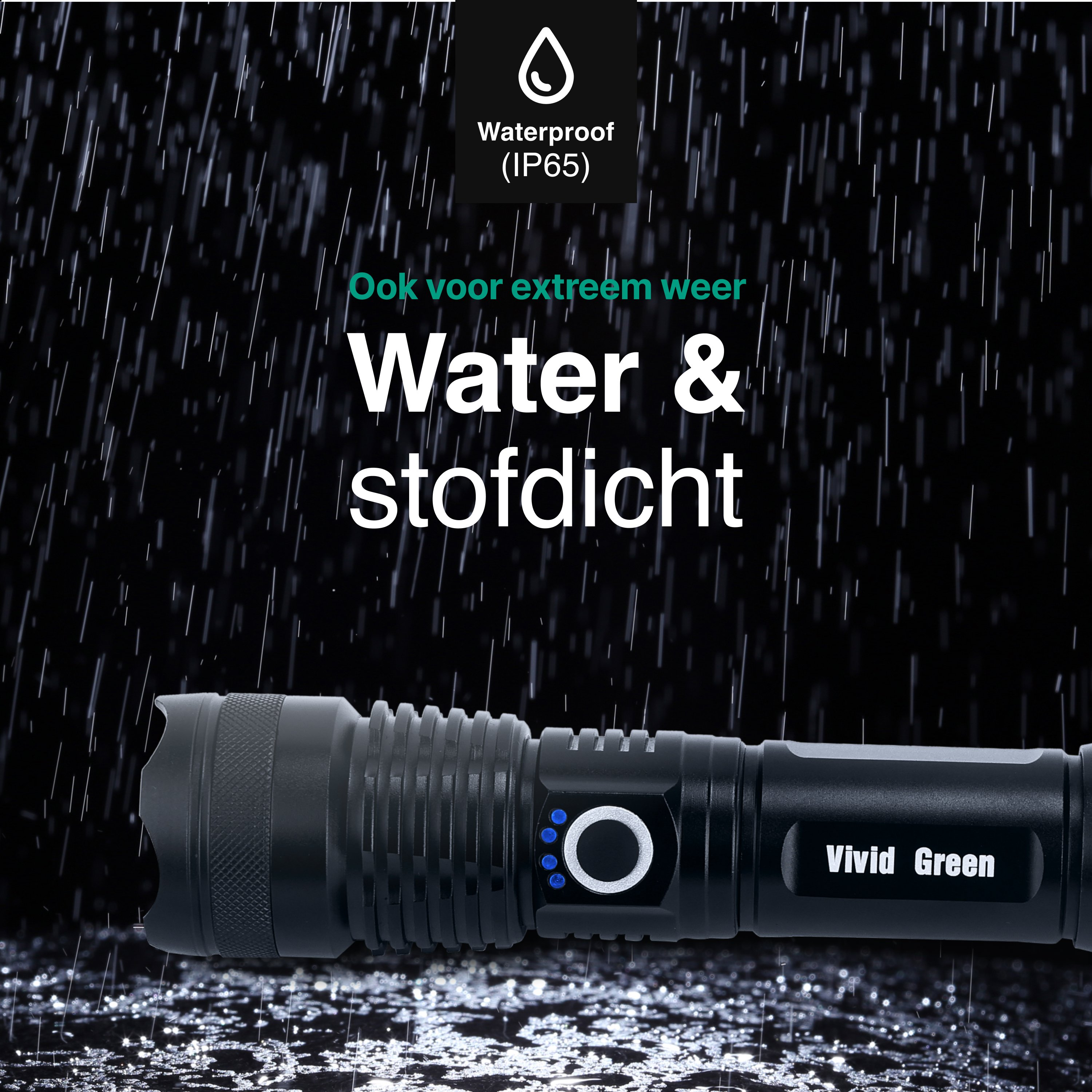 Black flashlight in rain. Text says waterproof, water & dustproof. Vivid Green logo visible.