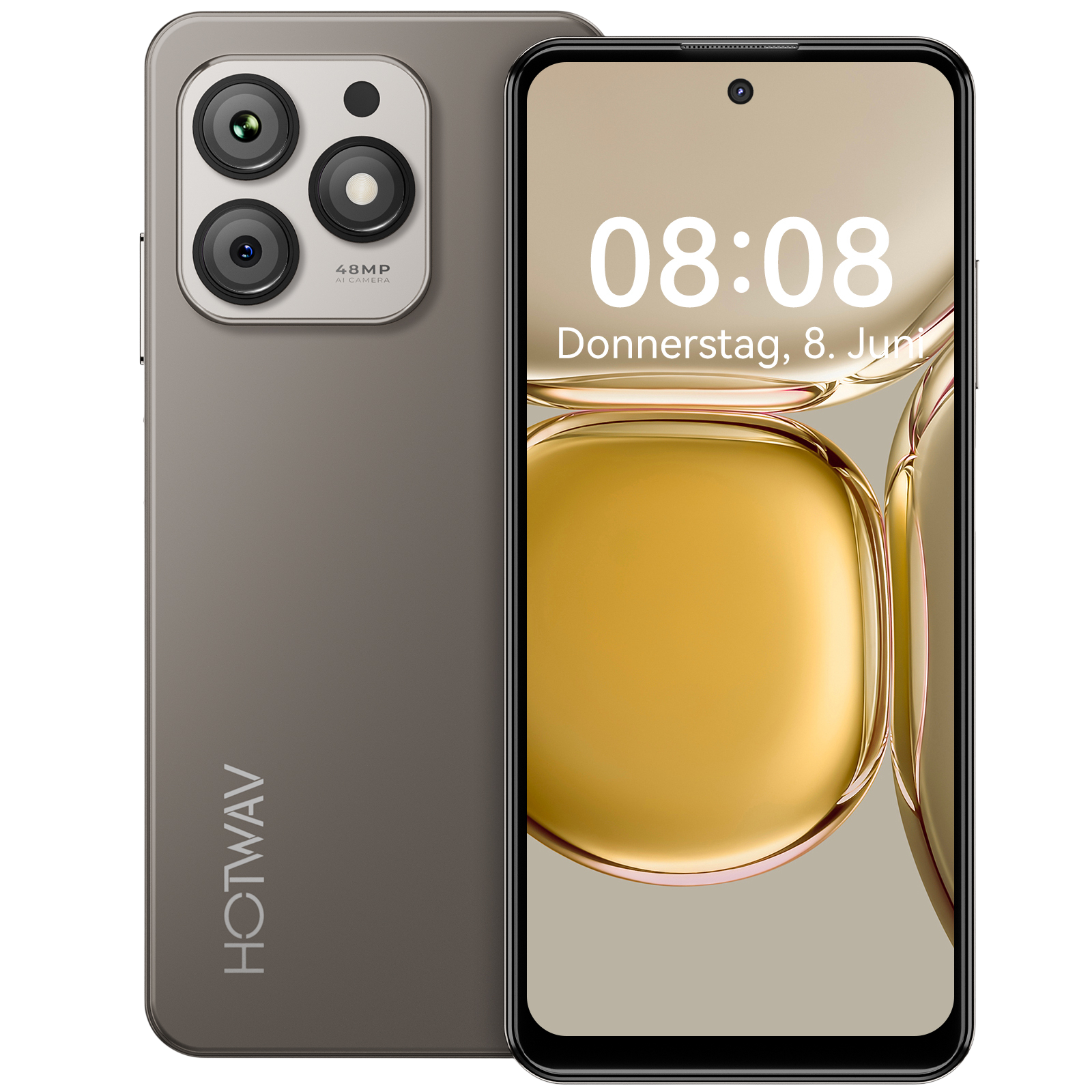 Ein Smartphone mit Dreifachkamera, das die Uhrzeit 08:08 anzeigt. Das Telefon hat ein Gold- und Grauschema.