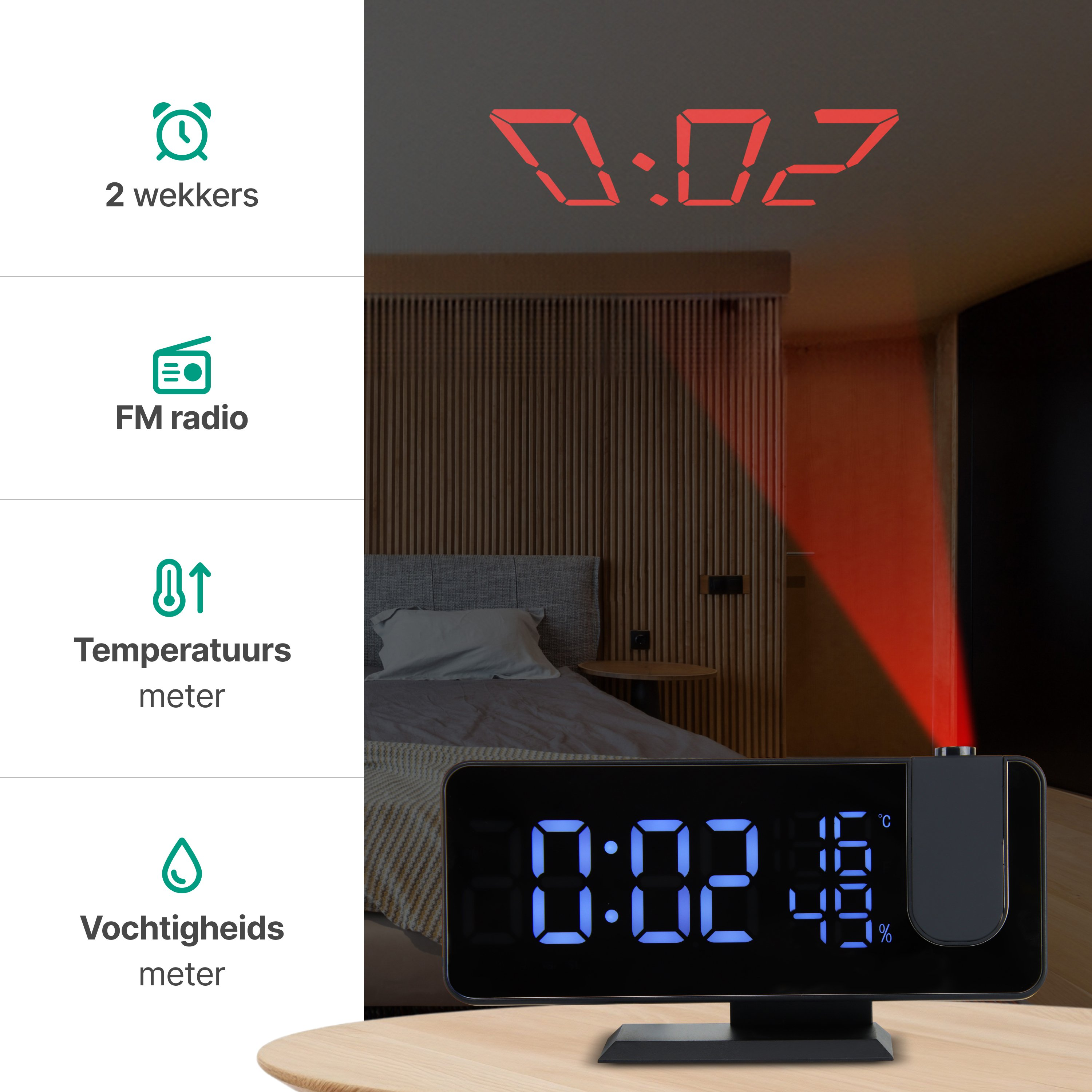 An alarm clock displaying time, temperature, and humidity. It projects the time onto the ceiling, with a bed in the background.