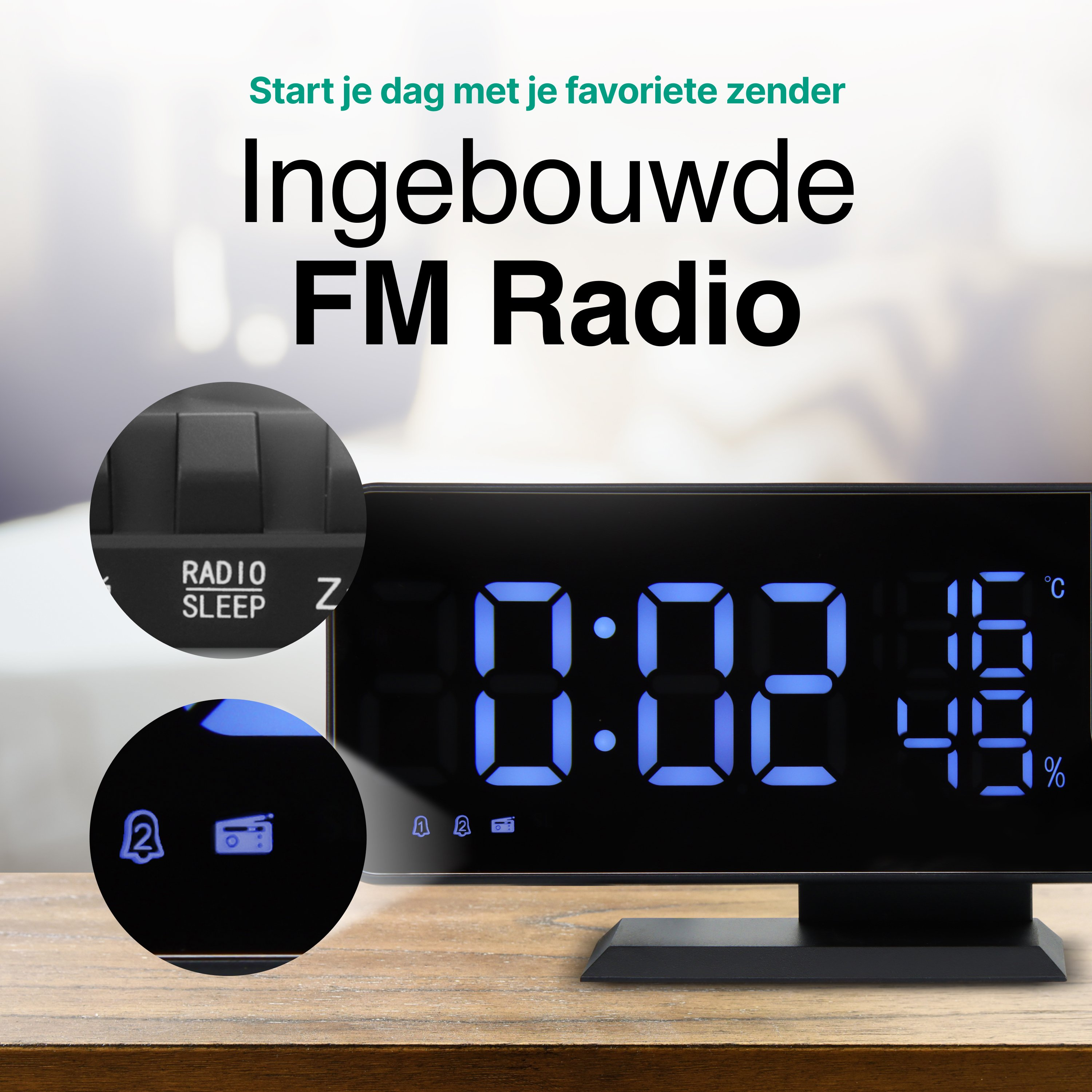 A digital clock shows the time. It has a radio and a sleep function. The clock is on a wooden surface.