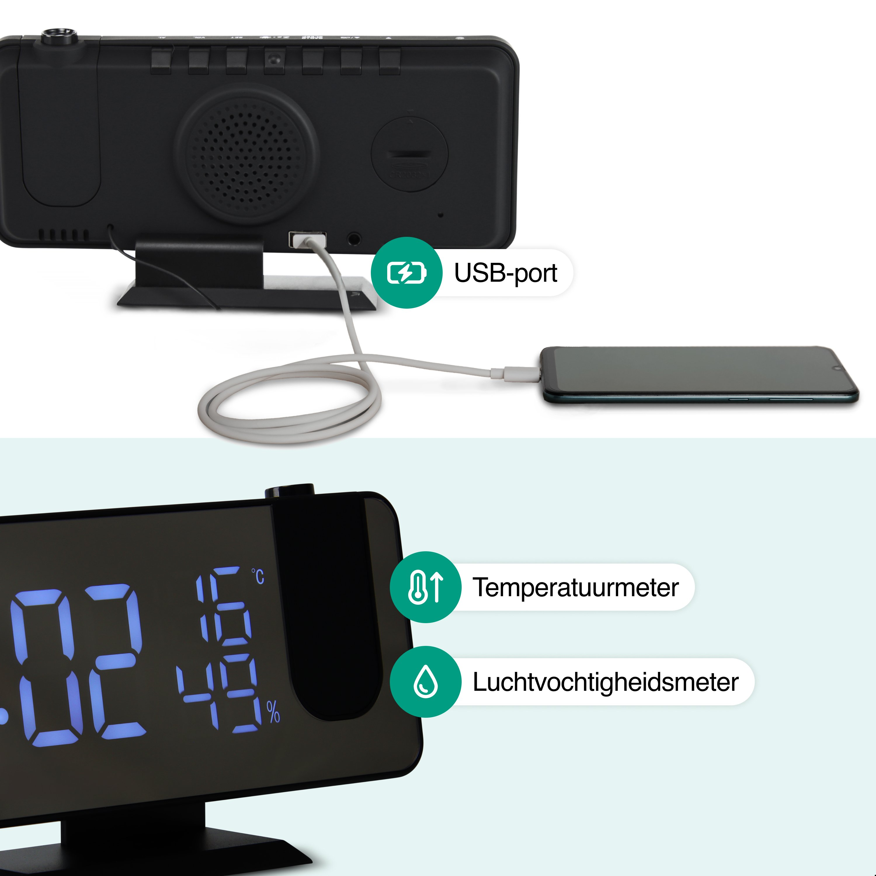 A digital clock with blue digits displays time, temperature, and humidity. It has a USB port connected to a smartphone.