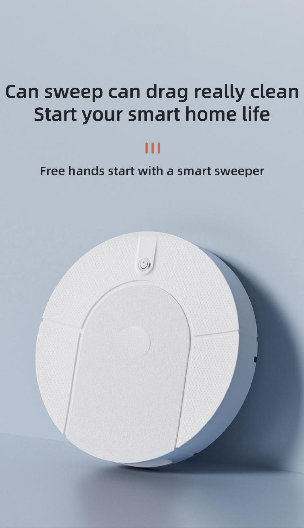 Ein weißer, runder Smart-Sweeper auf hellblauem Hintergrund. Darüber steht: Kann fegen und ziehen. Starten Sie das Smart Home-Leben.