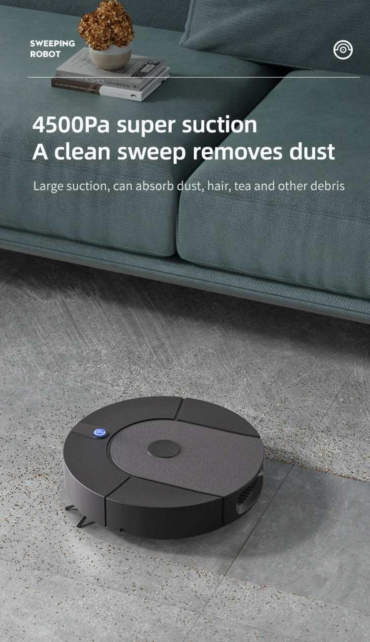 Ein Roboter-Staubsauger auf grauem Boden. Im Hintergrund ein Sofa. Text: 4500Pa Super-Saugkraft, Ein sauberer Wisch entfernt Staub.