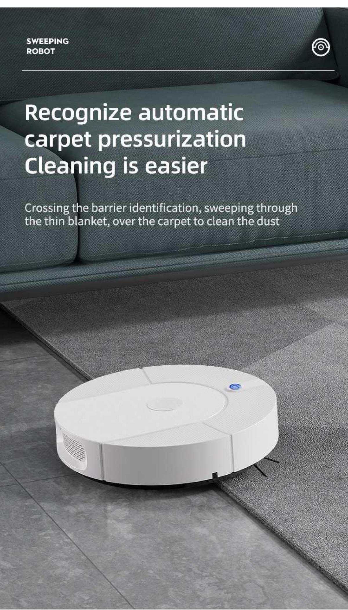 Ein weißer Roboter-Staubsauger auf einem grauen Teppich. Im Hintergrund ist ein Sofa. Der Text lautet 'Erkennt automatische Teppichdruckbeaufschlagung'.