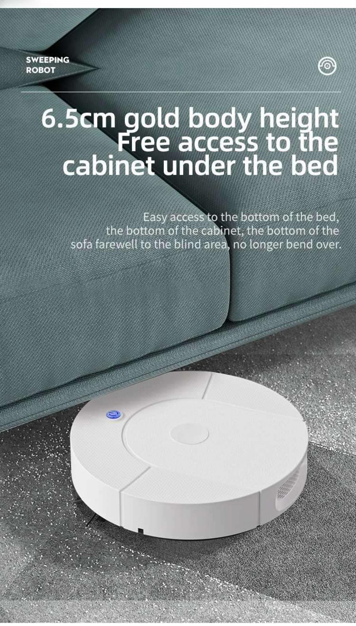 Ein weißer Roboter-Staubsauger unter einem blauen Sofa. Text auf dem Bild lautet: 'Freier Zugang zum Schrank unter dem Bett'.