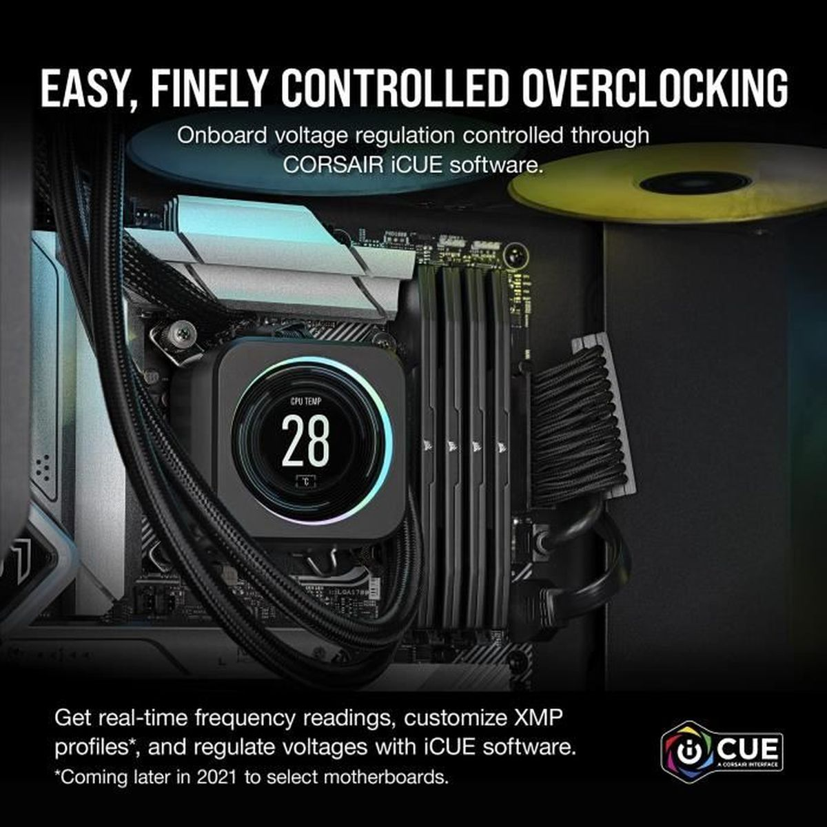 Komponent komputera z ekranem pokazującym temperaturę CPU. Tekst mówi: 'Łatwe, precyzyjne podkręcanie', 'oprogramowanie CORSAIR iCUE'.