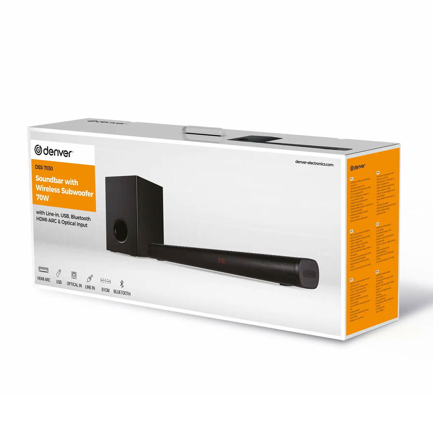 Czarny soundbar z bezprzewodowym subwooferem w pudełku. Pudełko zawiera logo Denver i szczegóły produktu.