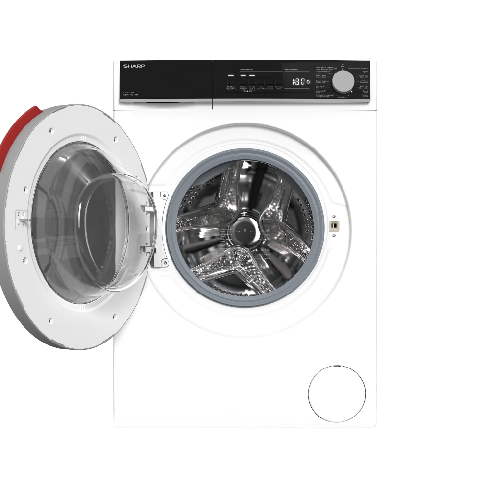 A white SHARP washing machine with an open door. The door has a red trim. The control panel is black with a digital display.