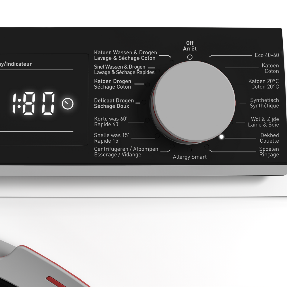 A washing machine control panel with a dial, display showing '1:80', and various wash cycle options.