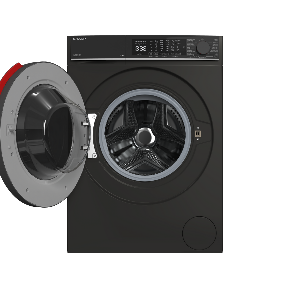 A black Sharp washing machine with the door open. The door has a red and gray trim. The digital display shows 18:88.