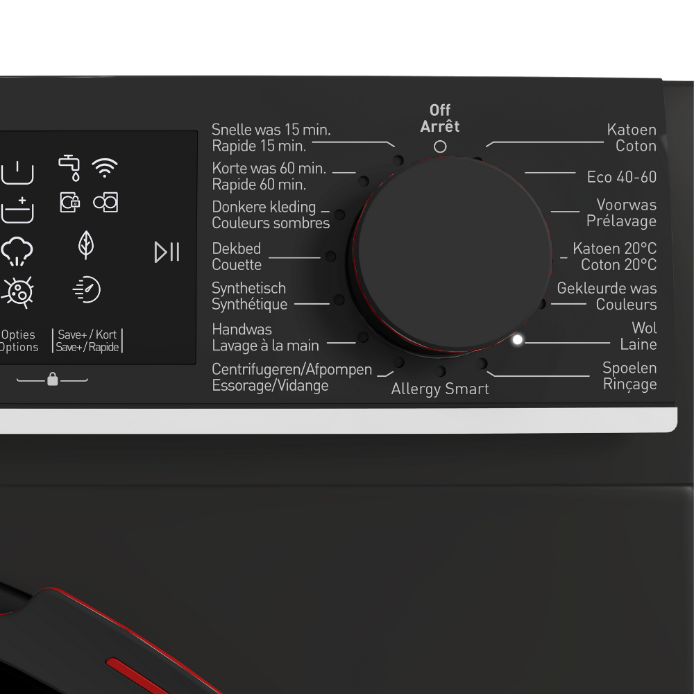 Washing machine control panel. Black with white text and a central dial. Options include wash cycles and settings.