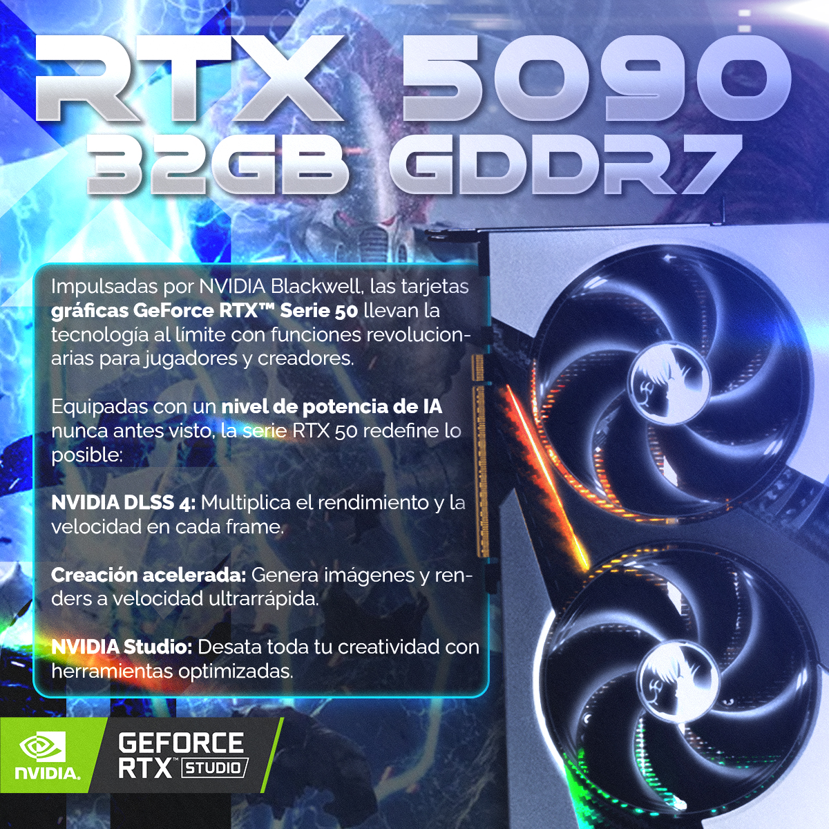 Anuncio de la tarjeta gráfica RTX 5090. El texto incluye especificaciones técnicas y características, centrado en juegos y creación.