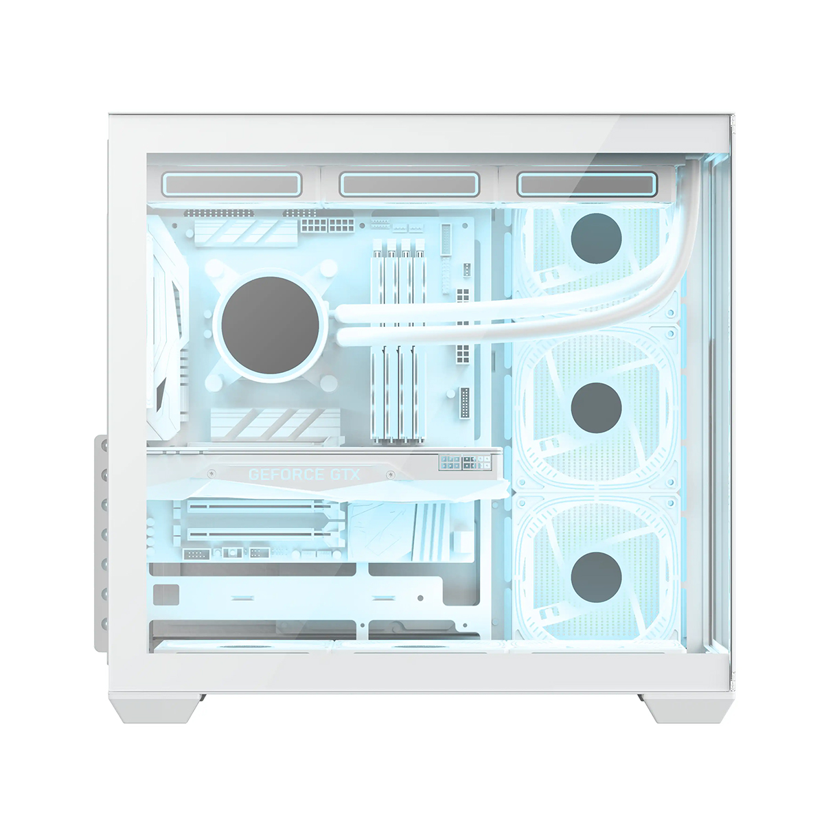 Case per computer bianco con lato trasparente. All'interno, una scheda grafica, ventole e componenti di raffreddamento a liquido visibili, illuminati di blu.