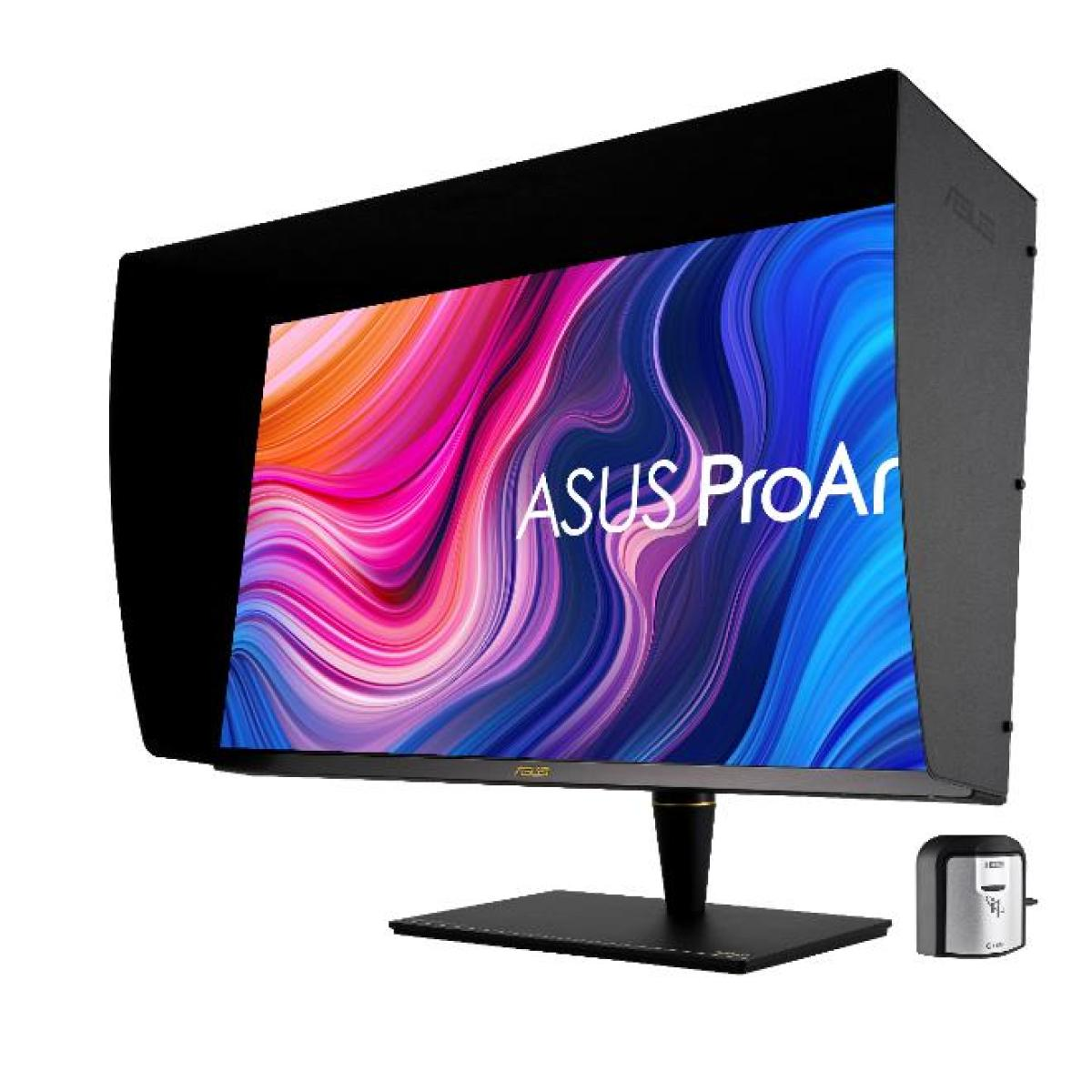 Monitor ASUS ProArt z czarną osłoną wyświetla kolorowy, abstrakcyjny obraz. Mały moduł sterujący znajduje się obok monitora.