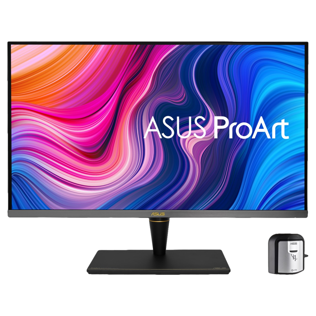 Monitor ASUS ProArt z kolorowym, abstrakcyjnym tłem. Monitor stoi na czarnym stojaku. Po prawej stronie znajduje się urządzenie zewnętrzne.