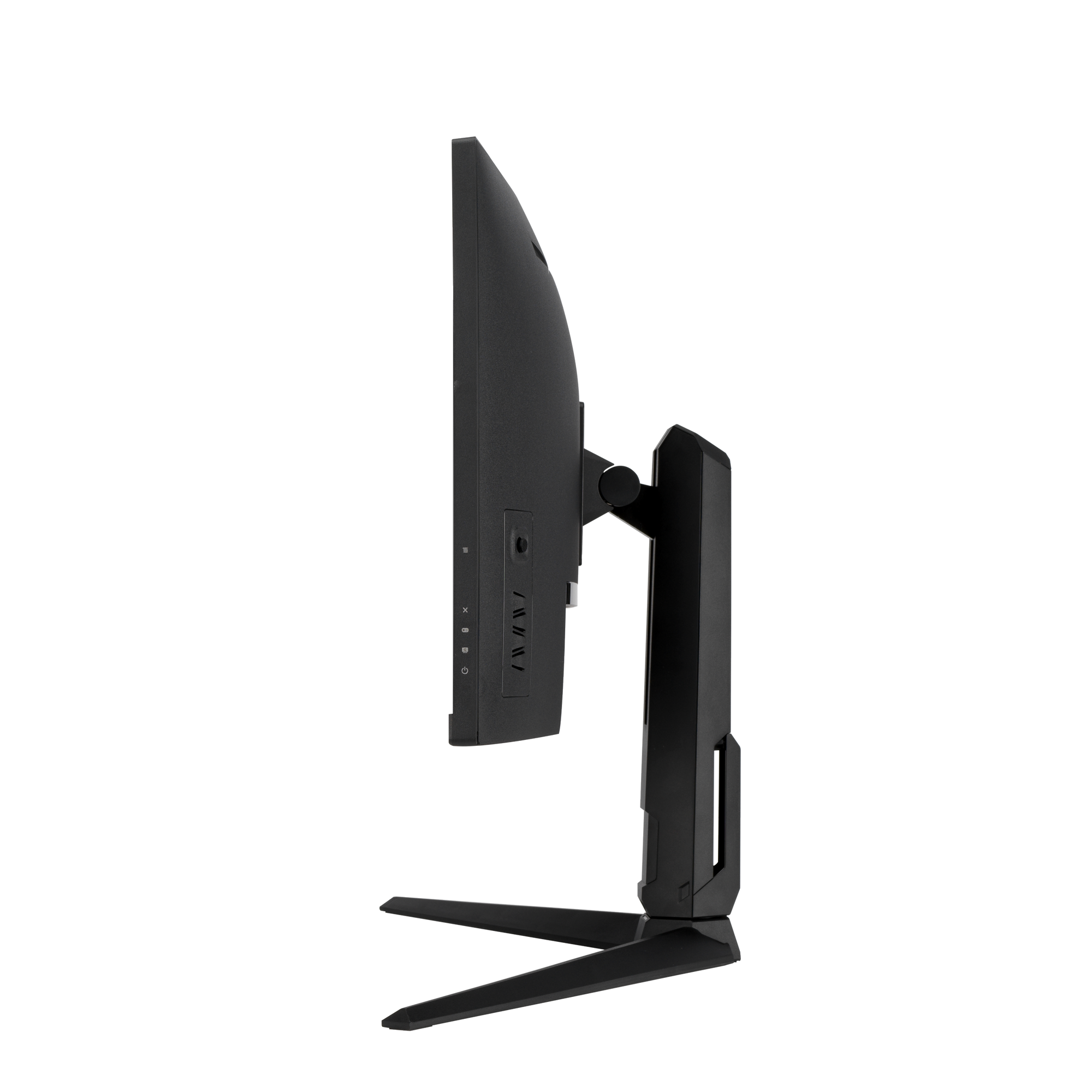 Widok z boku czarnego monitora. Ma podstawkę i znajduje się na czarnym tle.