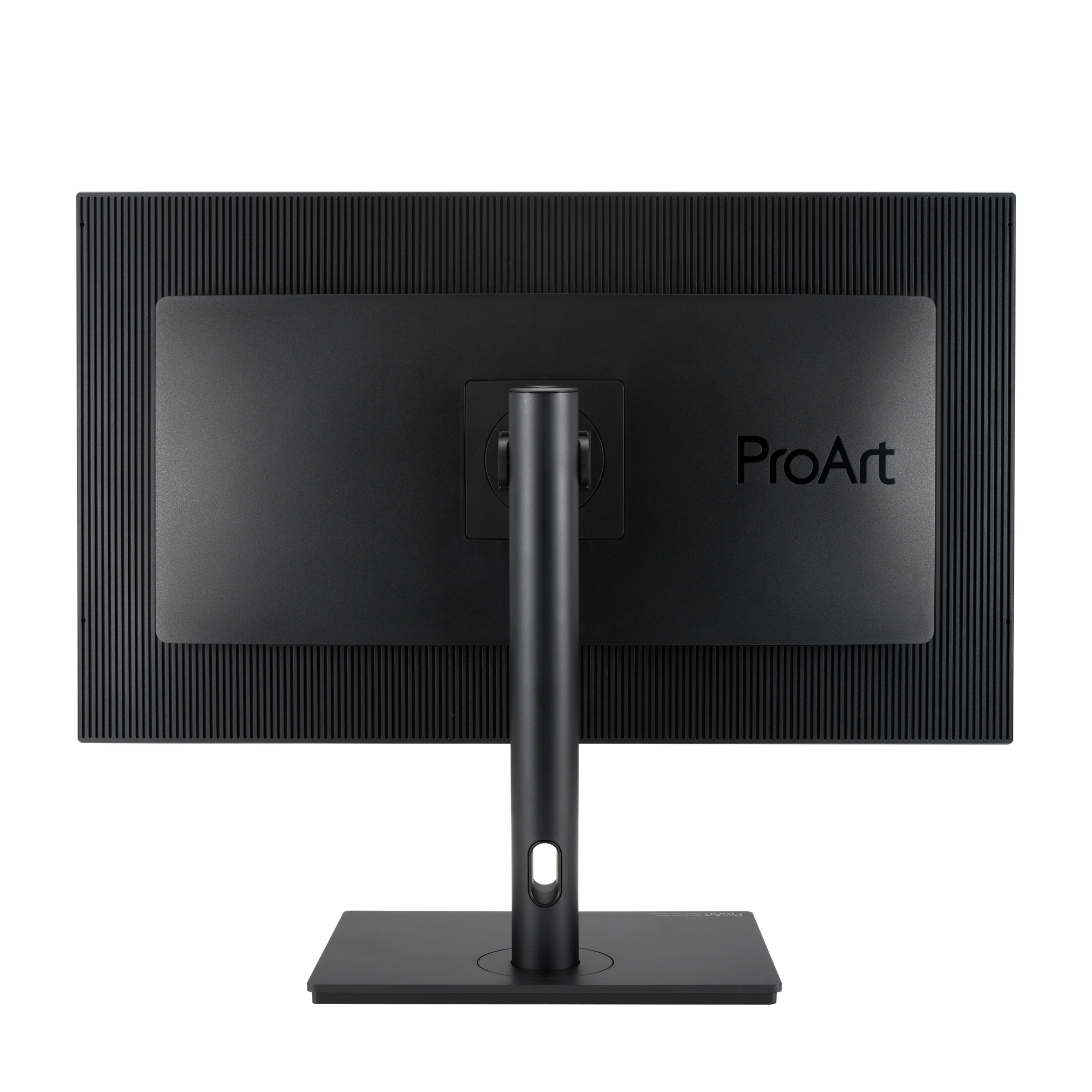 Widok z tyłu czarnego monitora z podstawą. Widoczne logo ProArt. Tło to ciemny gradient.