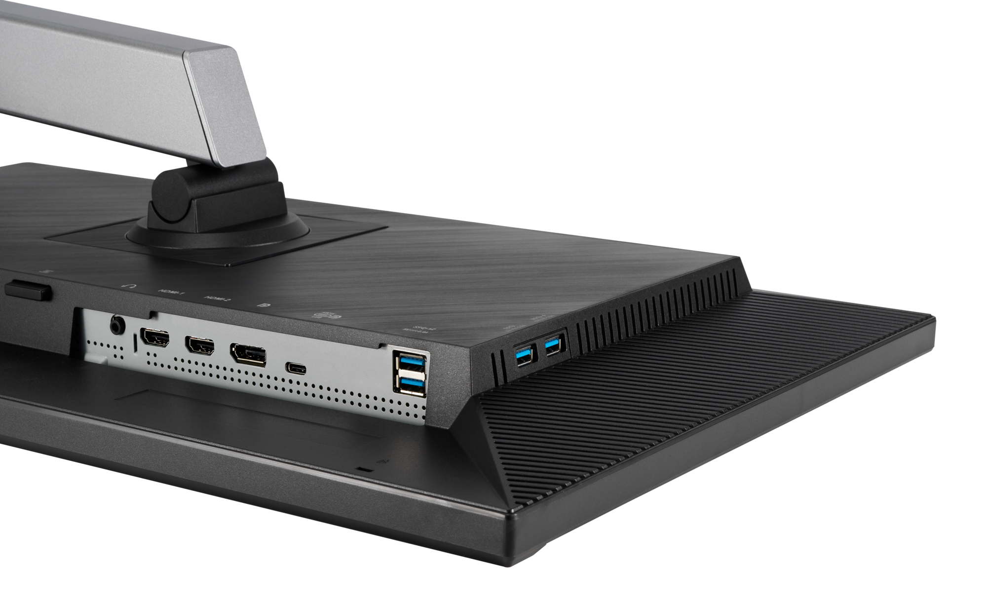 Widok z tyłu monitora. Pokazuje porty, w tym HDMI, USB i połączenia wyświetlacza oraz podstawę.