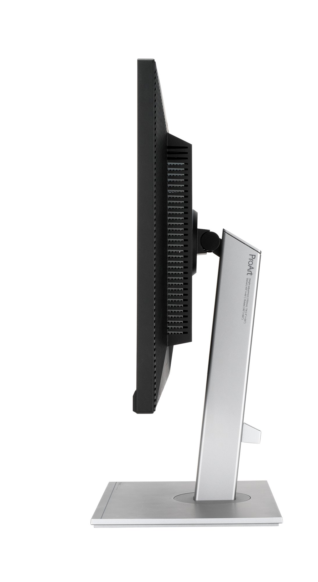 Widok z boku monitora komputerowego. Czarny ekran i ramka ze srebrną podstawą. Widoczne logo ProArt.