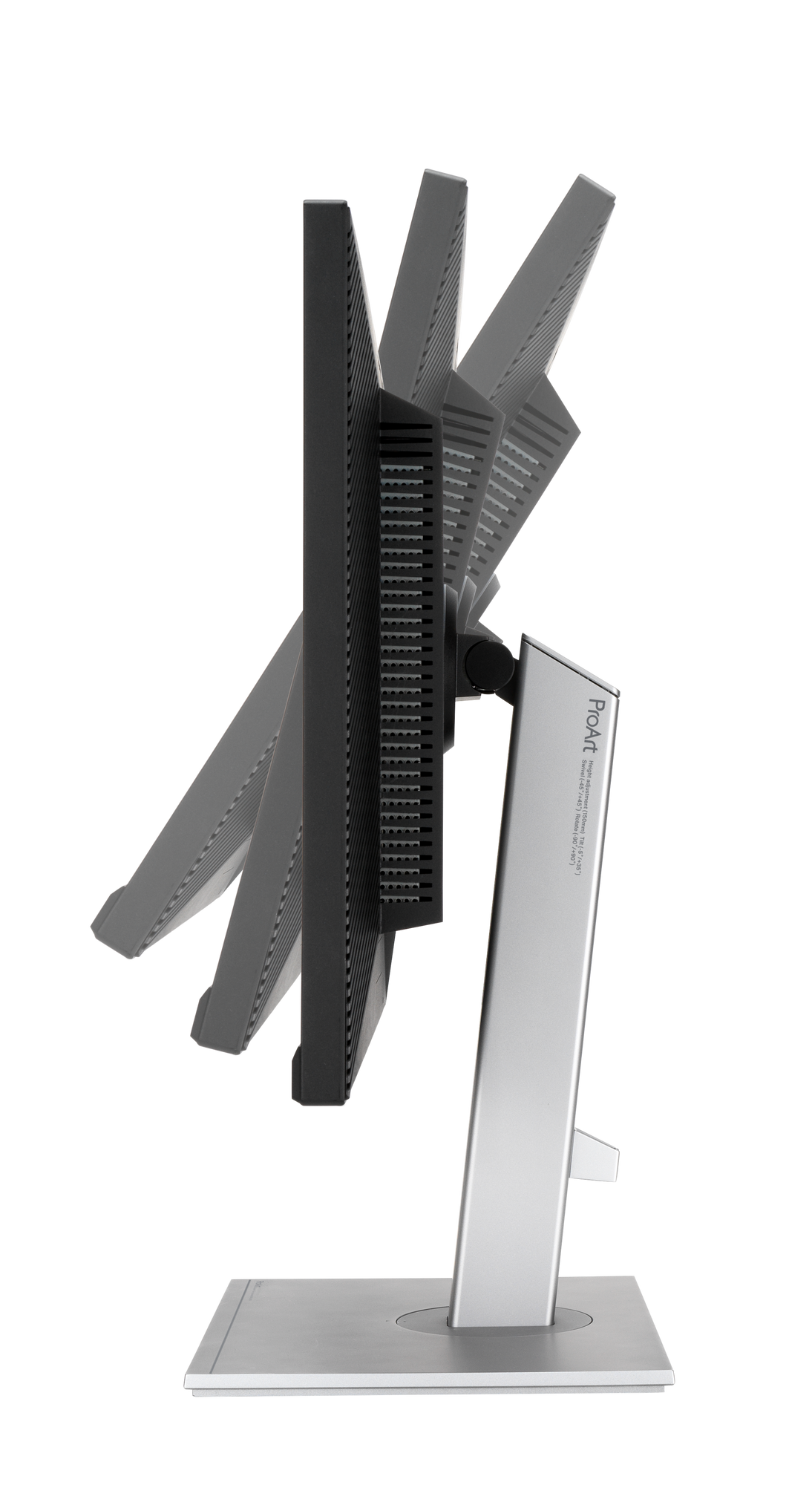 Widok z boku monitora komputera z regulowanym stojakiem. Ekran jest czarny, ze srebrnym stojakiem, na czarnym tle.