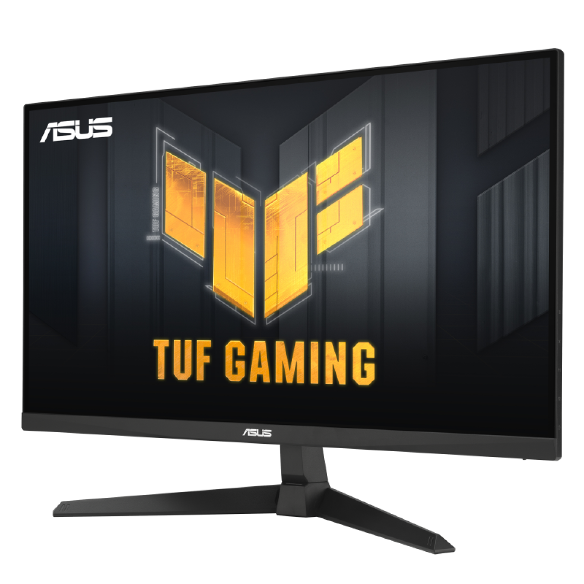 ASUS TUF Gaming Monitor. Schwarzer Rahmen, Ständer. Bildschirm zeigt TUF Gaming Logo in Gelb und Weiß. ASUS Logo oben links.