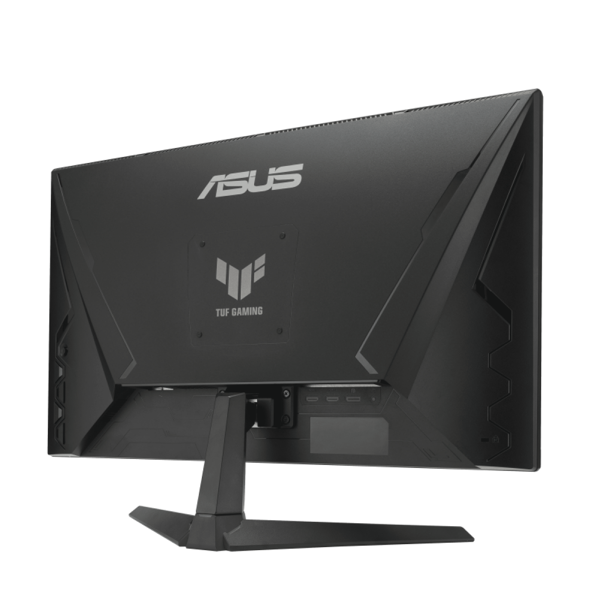 Schwarzer ASUS TUF Gaming-Monitor von hinten gesehen. Der Monitor hat einen Ständer und Anschlüsse. ASUS- und TUF GAMING-Logos sind sichtbar.
