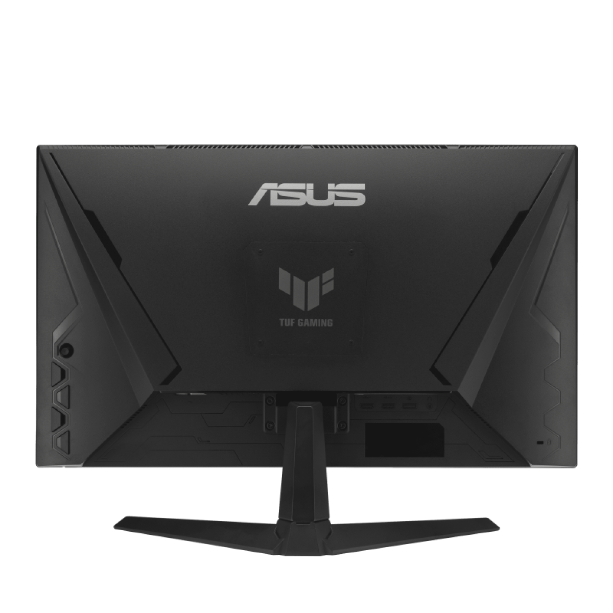 Rückseite eines schwarzen ASUS TUF Gaming Monitors. Silbernes ASUS-Logo oben, TUF Gaming-Logo unten. Schwarzer Ständer und Anschlüsse unten.