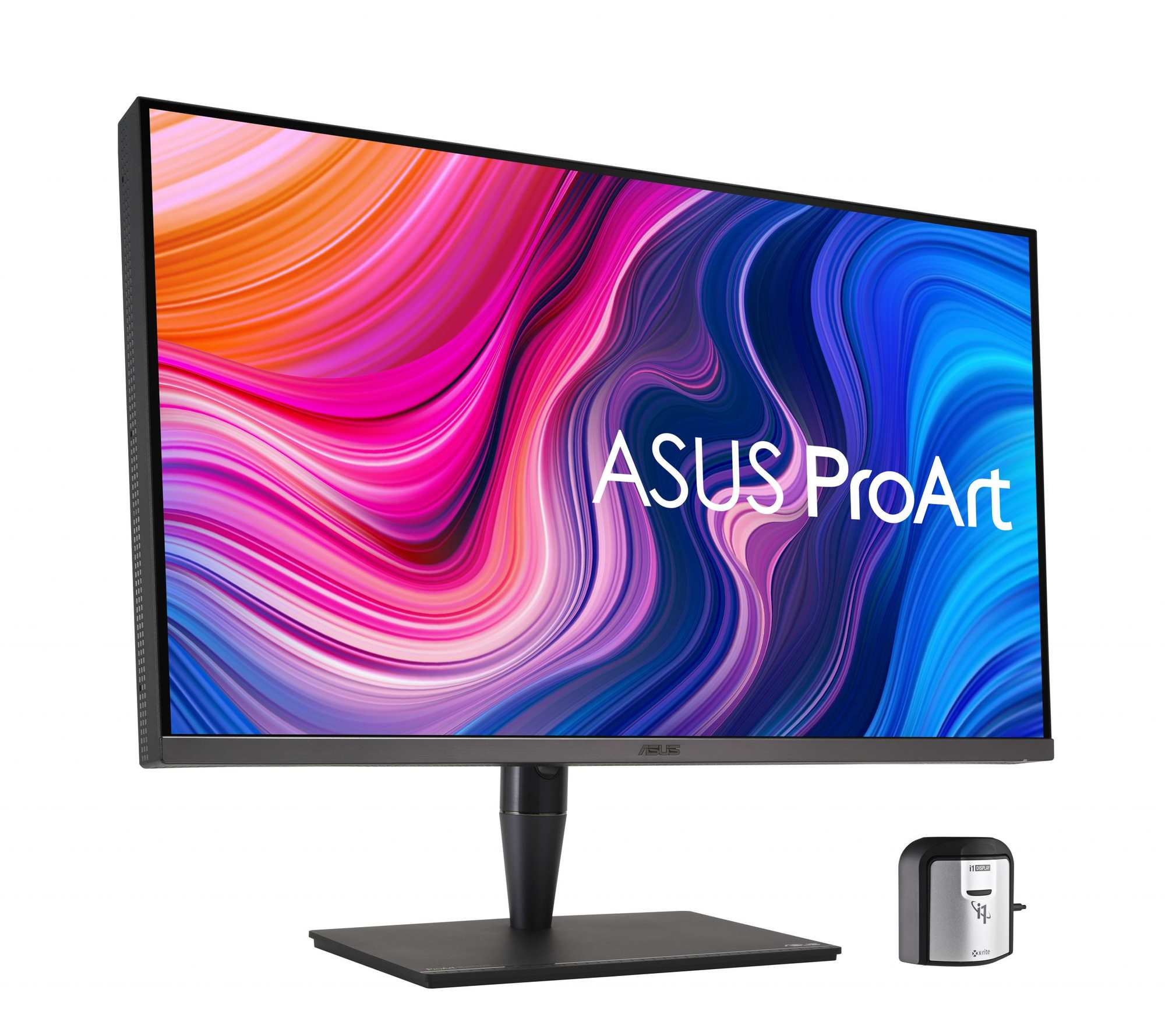 Monitor ASUS ProArt wyświetla kolorową sztukę abstrakcyjną. Małe szare urządzenie znajduje się obok monitora.
