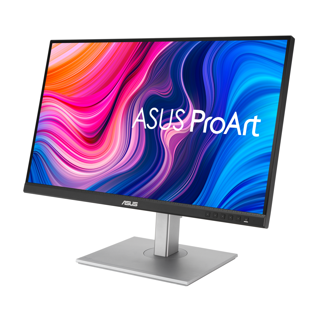 Monitor ASUS ProArt wyświetla kolorowy, abstrakcyjny obraz. Ma kwadratową podstawę i srebrną podstawę. Ekran ma czarną ramkę.