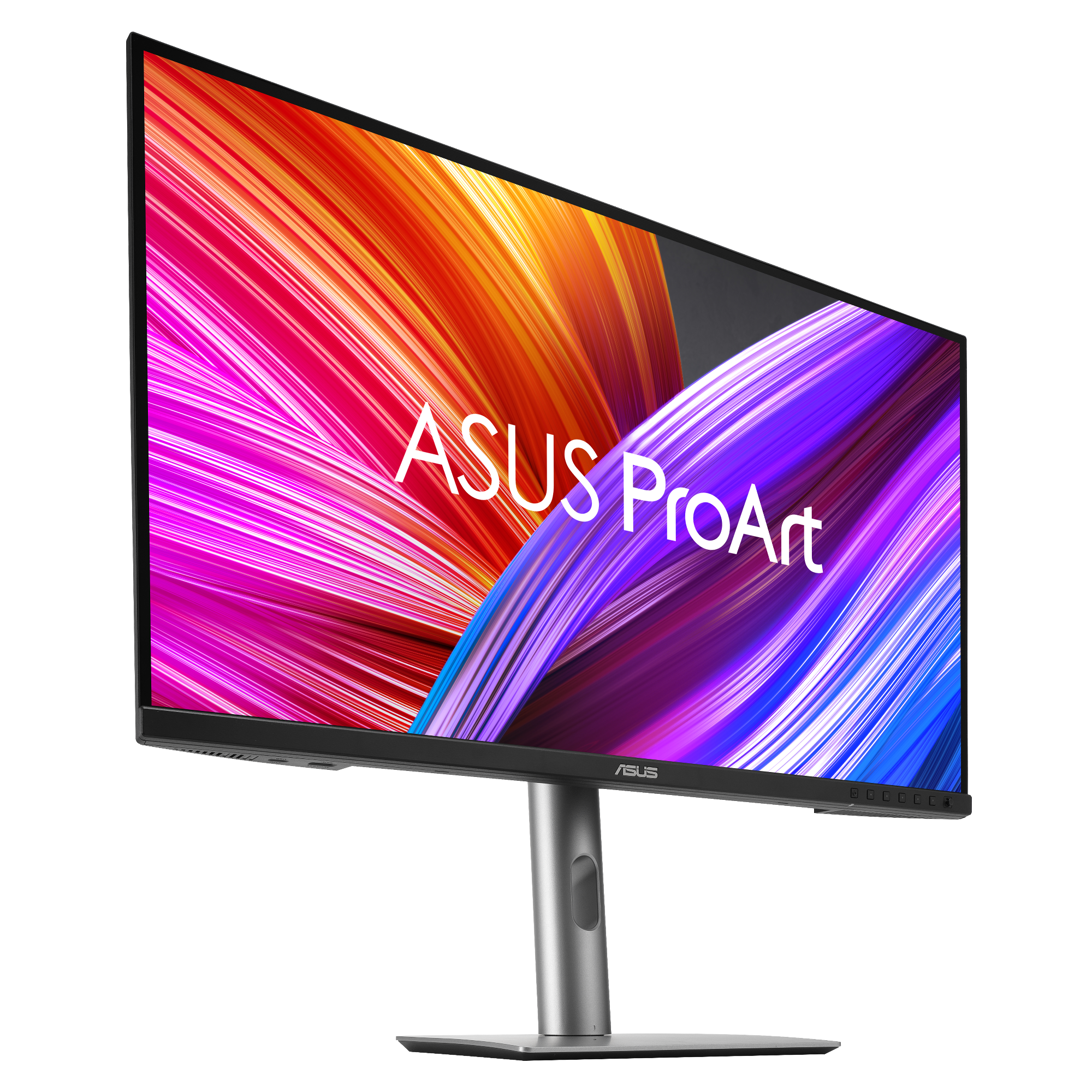 Monitor ASUS ProArt z kolorowym wyświetlaczem. Szary stojak, czarna ramka i logo. Czarne tło.