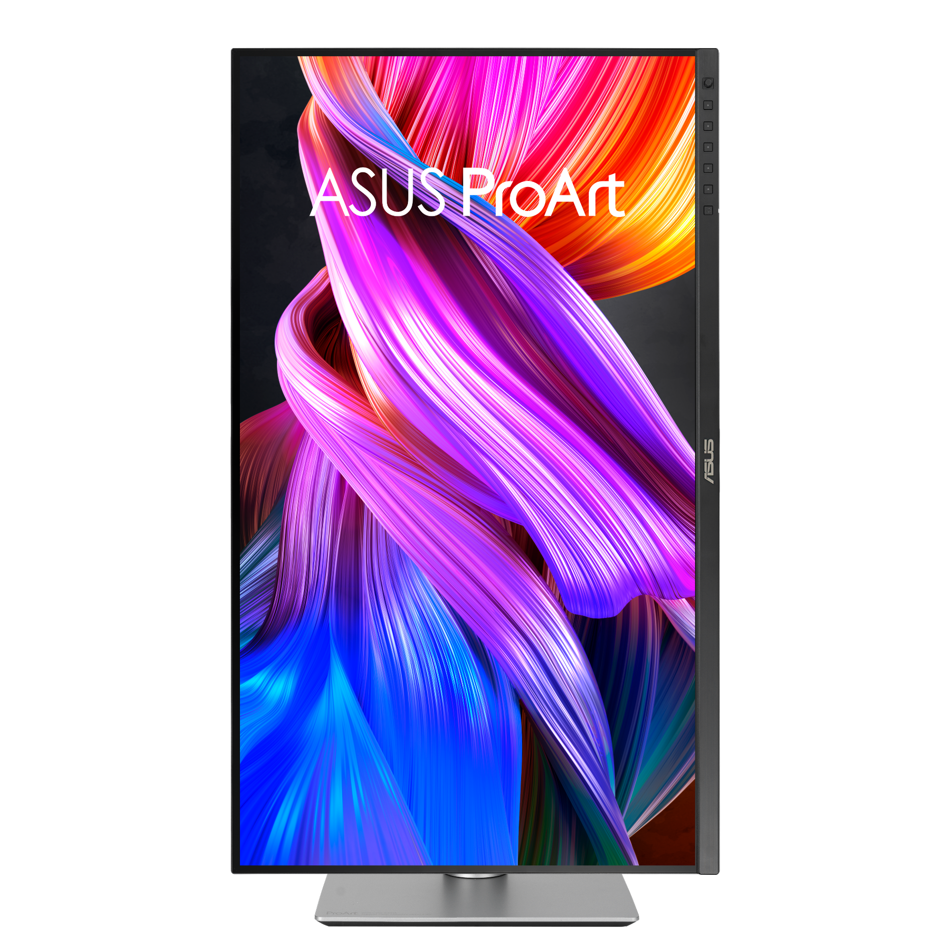 Monitor ASUS ProArt z kolorowym abstrakcyjnym wyświetlaczem. Ma srebrną podstawę i czarną ramkę, na czarnym tle.