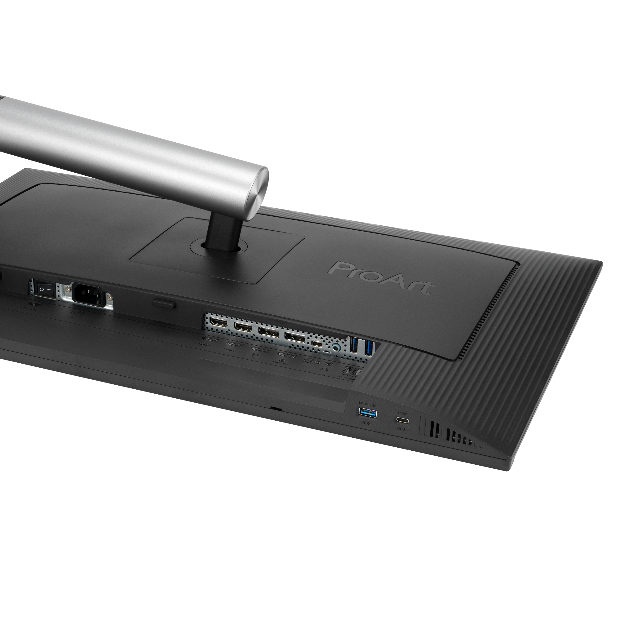 Widok z tyłu czarnego monitora komputera z różnymi portami. Srebrne ramię podtrzymuje monitor. Widoczne jest logo ProArt.