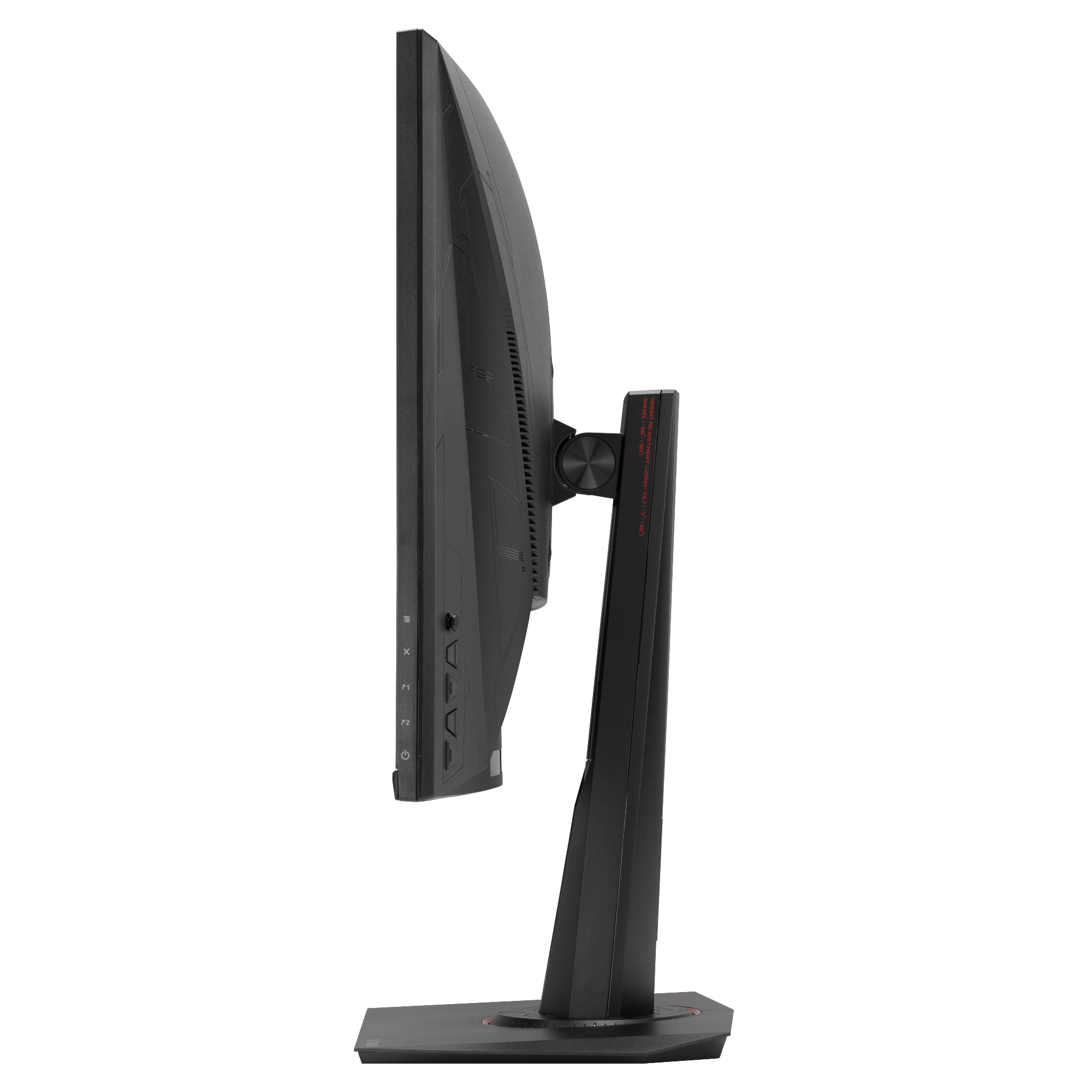 Ein schwarzer Computermonitor im Profil, mit einem Ständer. Der Bildschirm ist dunkel, der Ständer hat rote Akzente und Text.