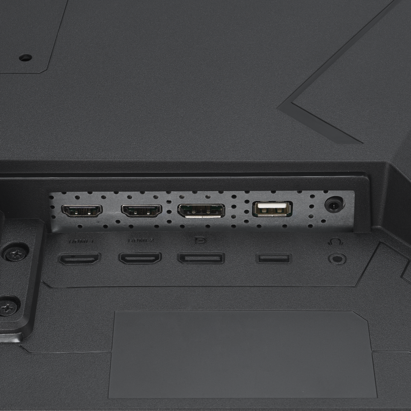 Gros plan sur le panneau arrière d'un moniteur. Il comporte divers ports, dont HDMI, USB et prises audio. Le panneau est gris foncé.