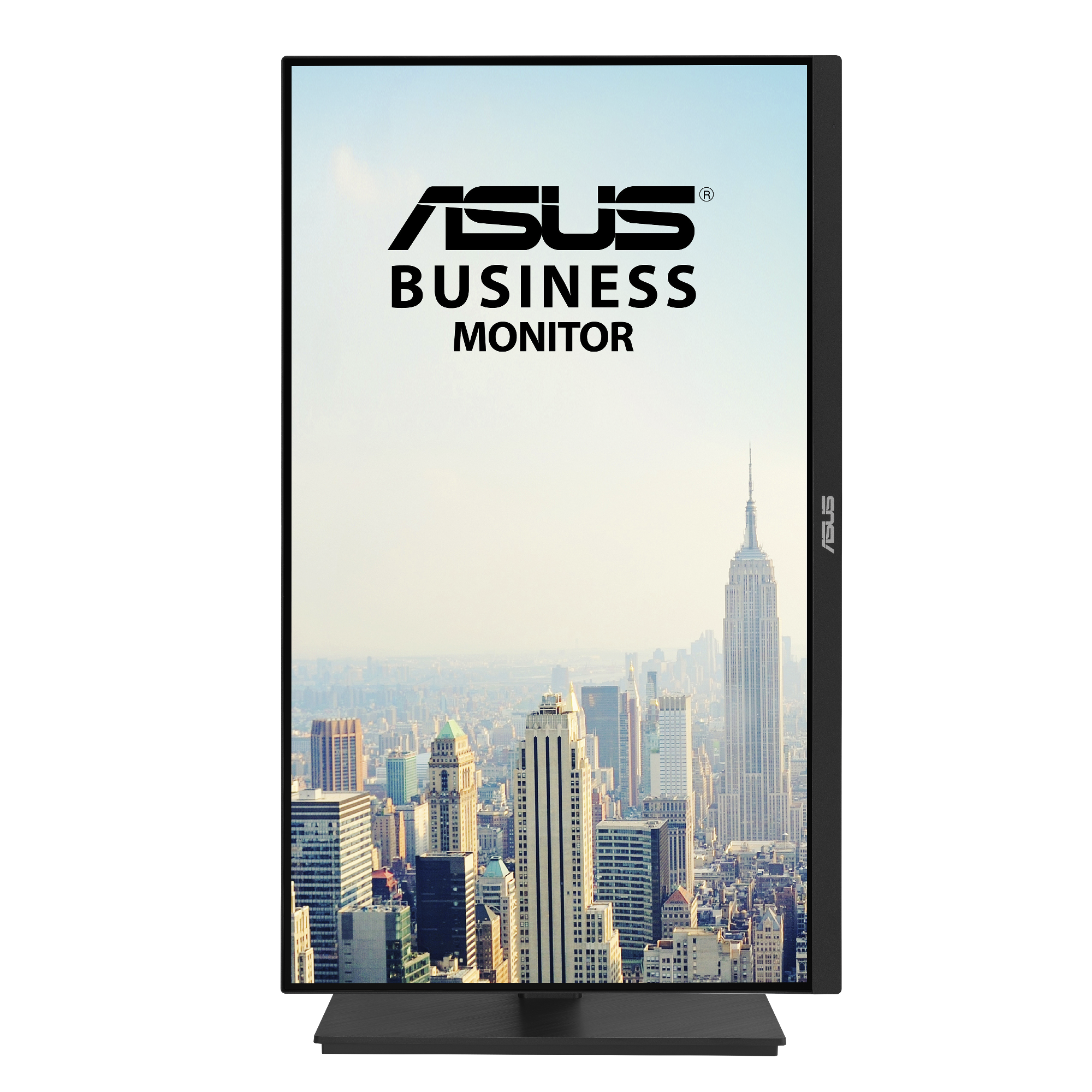 Monitor biznesowy ASUS wyświetla panoramę miasta z logo ASUS i napisem 'BUSINESS MONITOR' na ekranie.