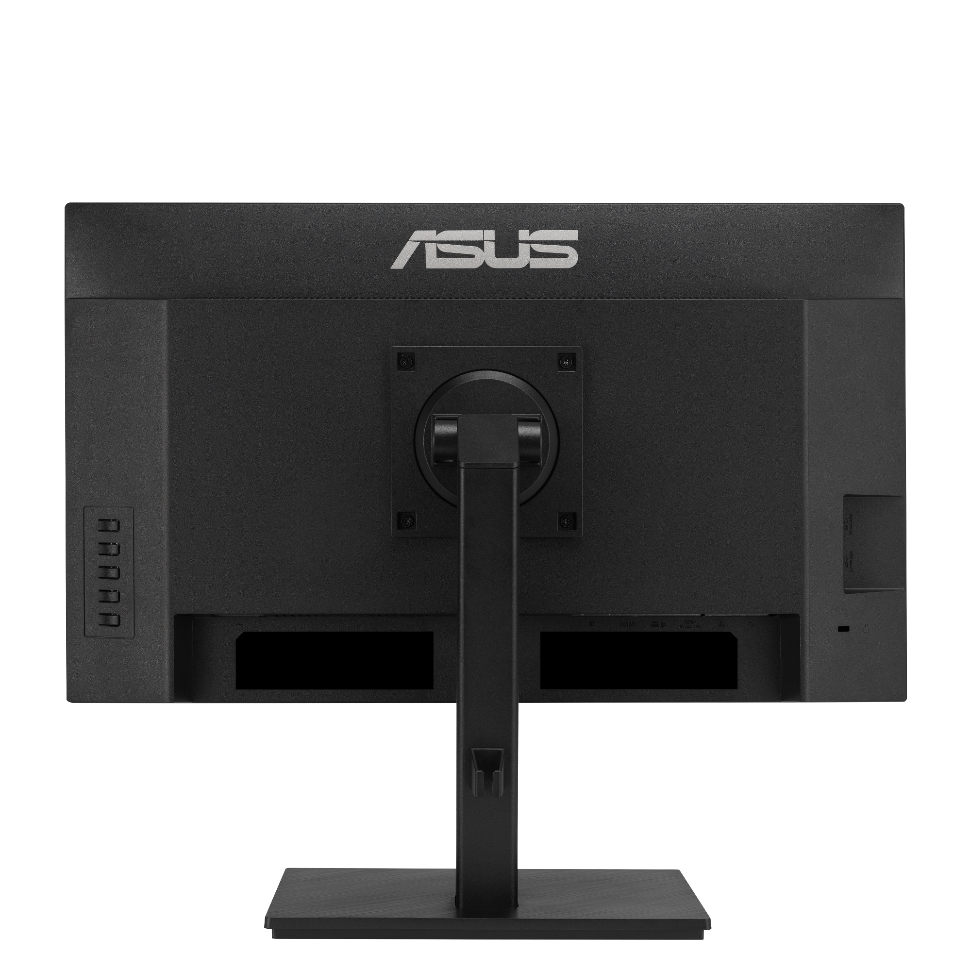 Widok z tyłu czarnego monitora ASUS. Ma podstawkę, porty i logo ASUS. Tło jest czarne.