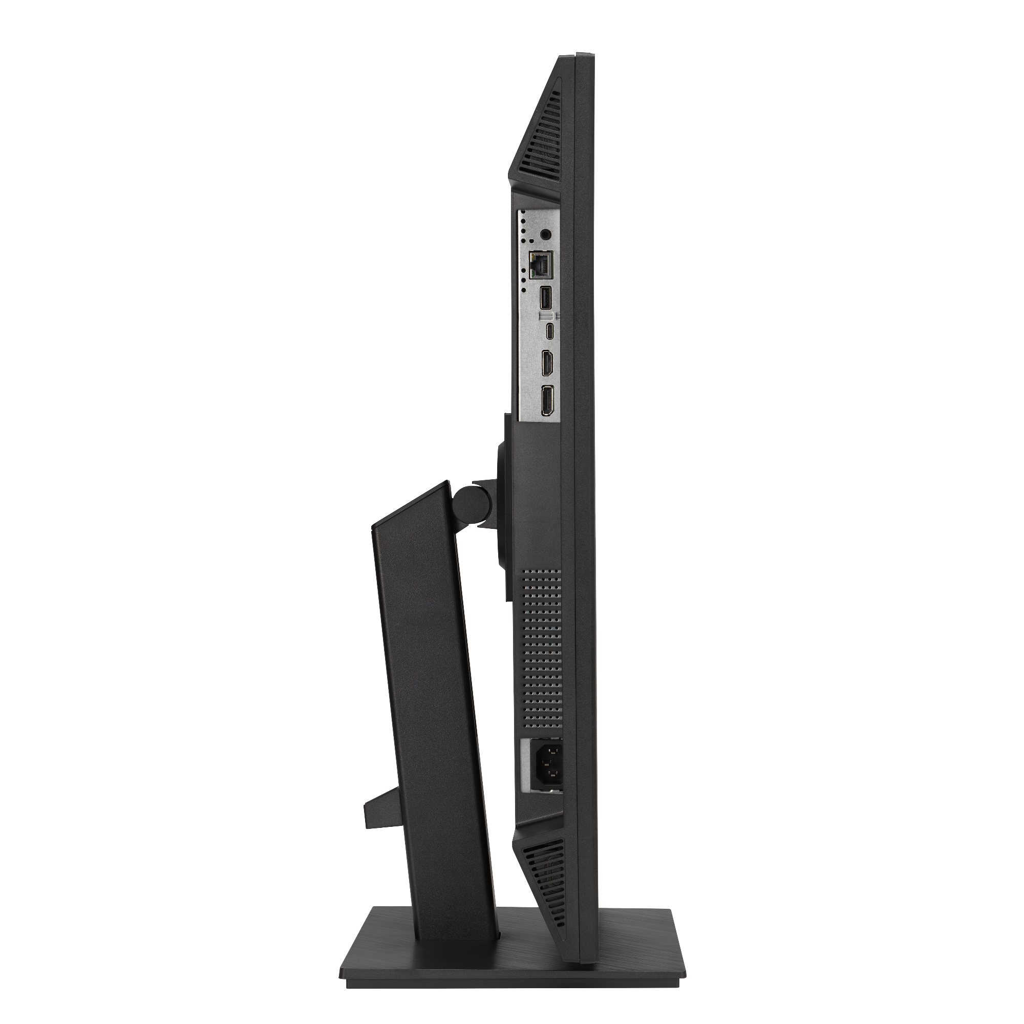 Widok z boku czarnego monitora komputera. Ma kilka portów i podstawkę. Tło jest czarne.