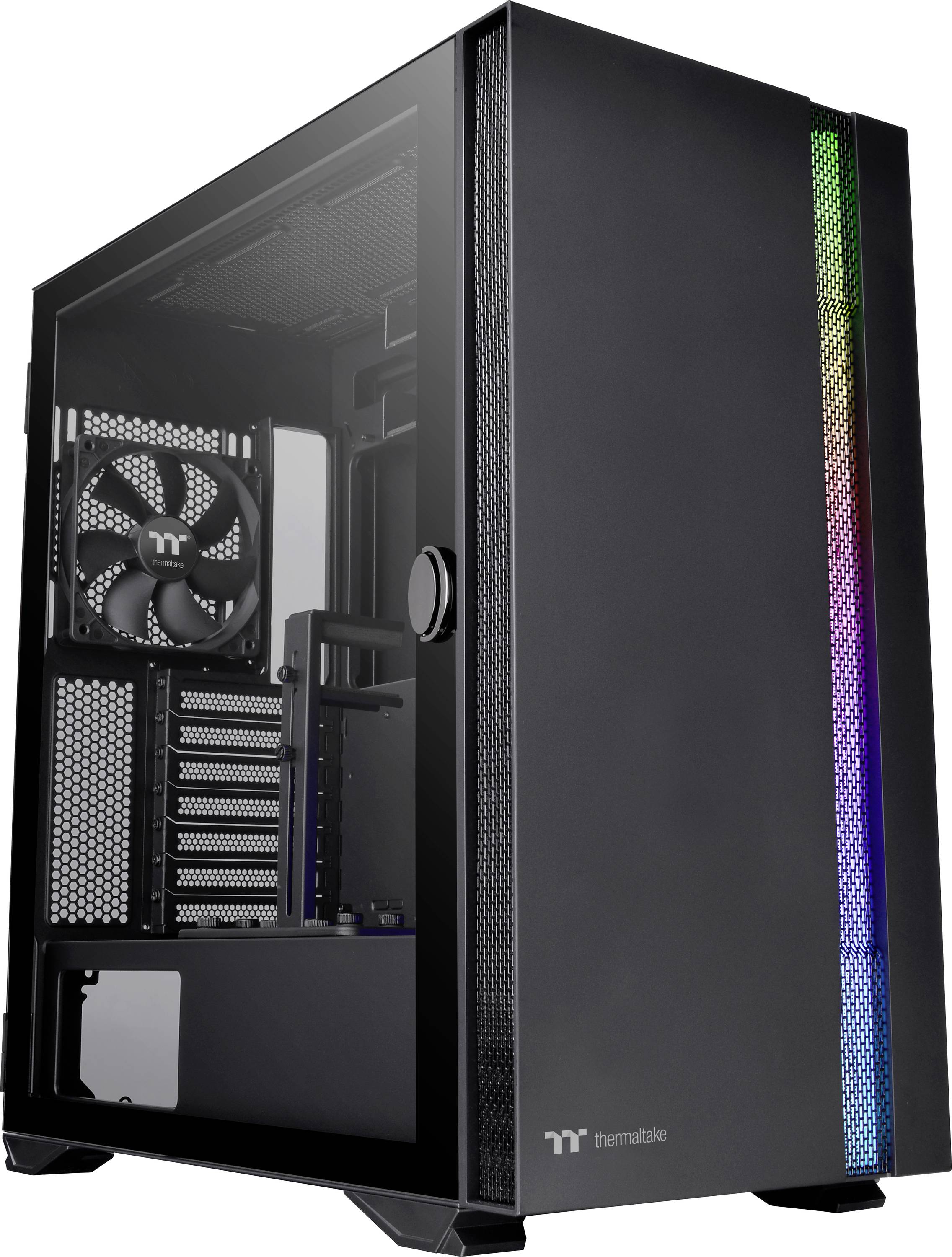 Case per computer nero con pannello laterale in vetro, ventola e striscia luminosa sul bordo anteriore. Logo Thermaltake.