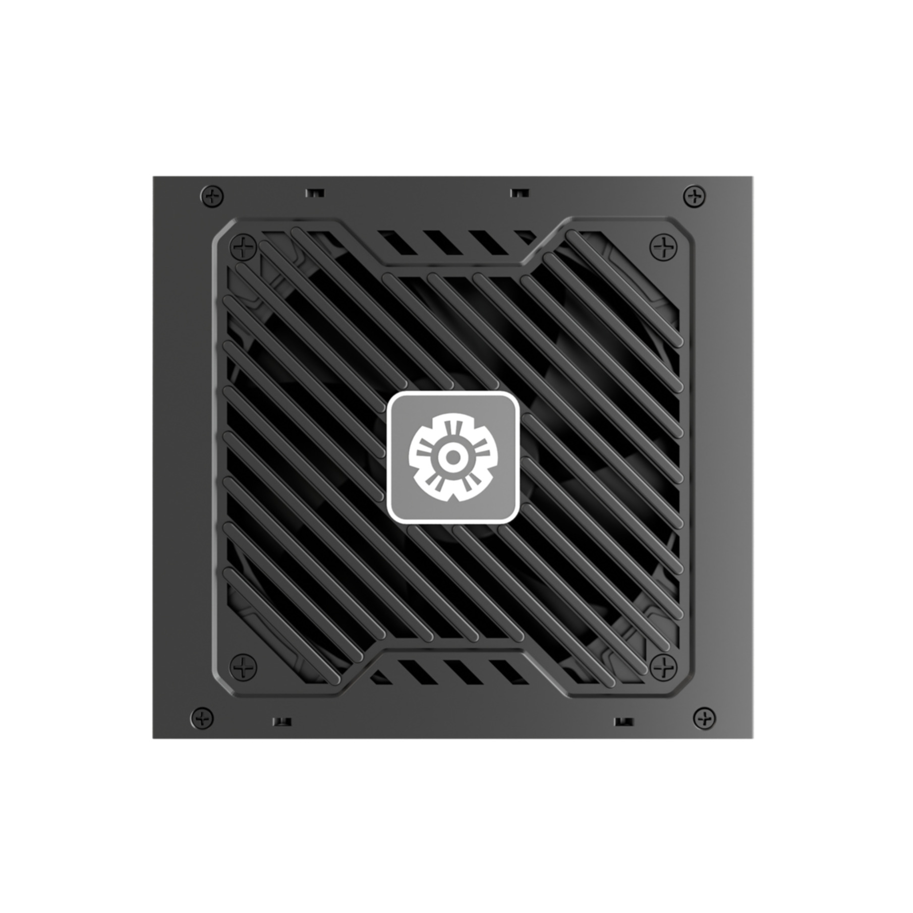 Ein dunkelgraues Computer-Netzteil mit Lüftergitter-Design und zentralem Logo.